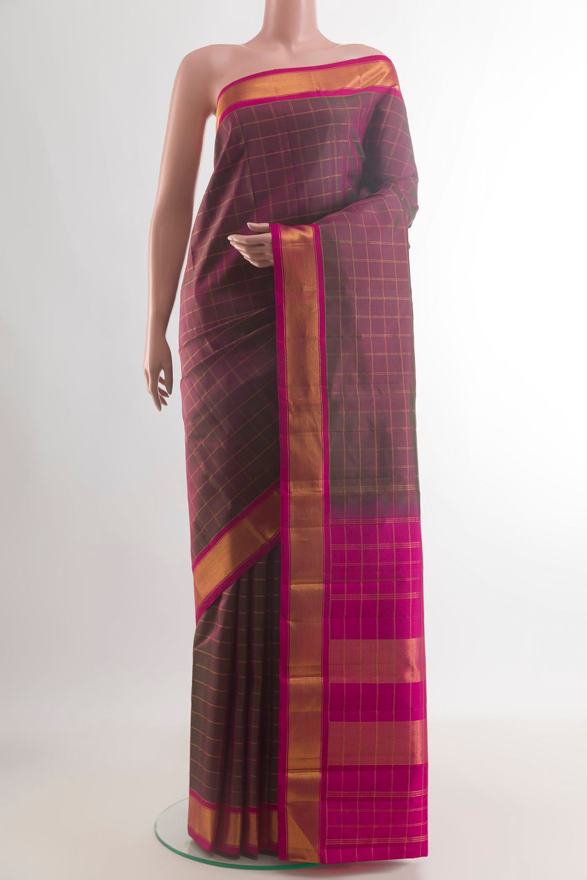 Pure Silk Maroon with Green Color Kanchipuram Saree with Checked design on the body and Zari Border.  displayed on a mannequin