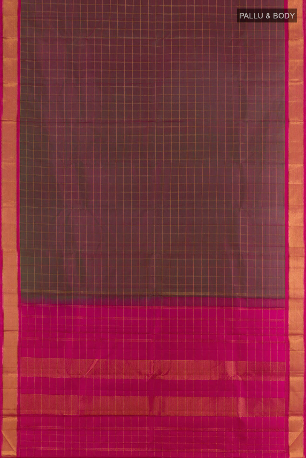 Flat view of Pure Silk Maroon with Green Color Kanchipuram Saree with Checked design on the body and Zari Border. 