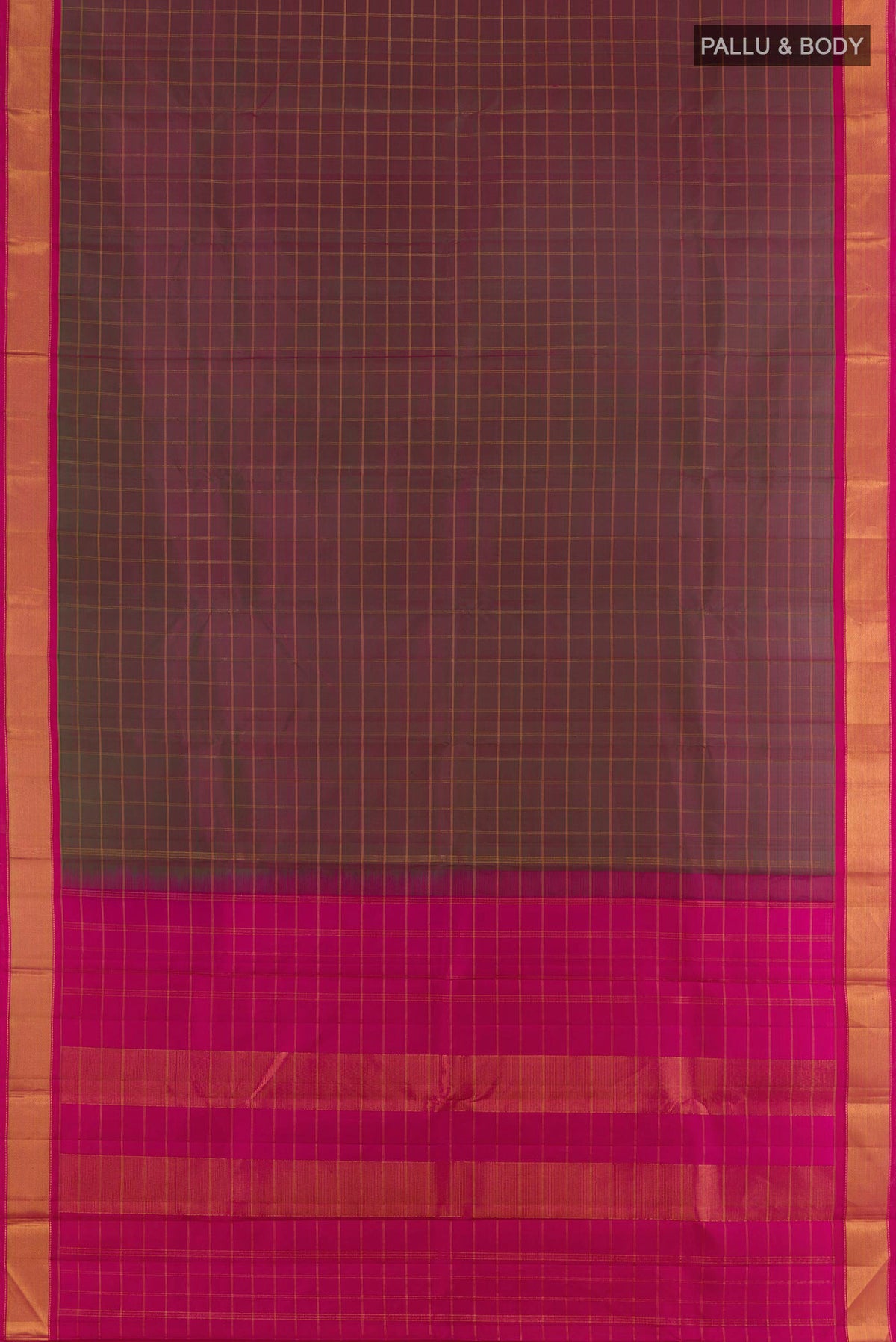 Flat view of Pure Silk Maroon with Green Color Kanchipuram Saree with Checked design on the body and Zari Border. 