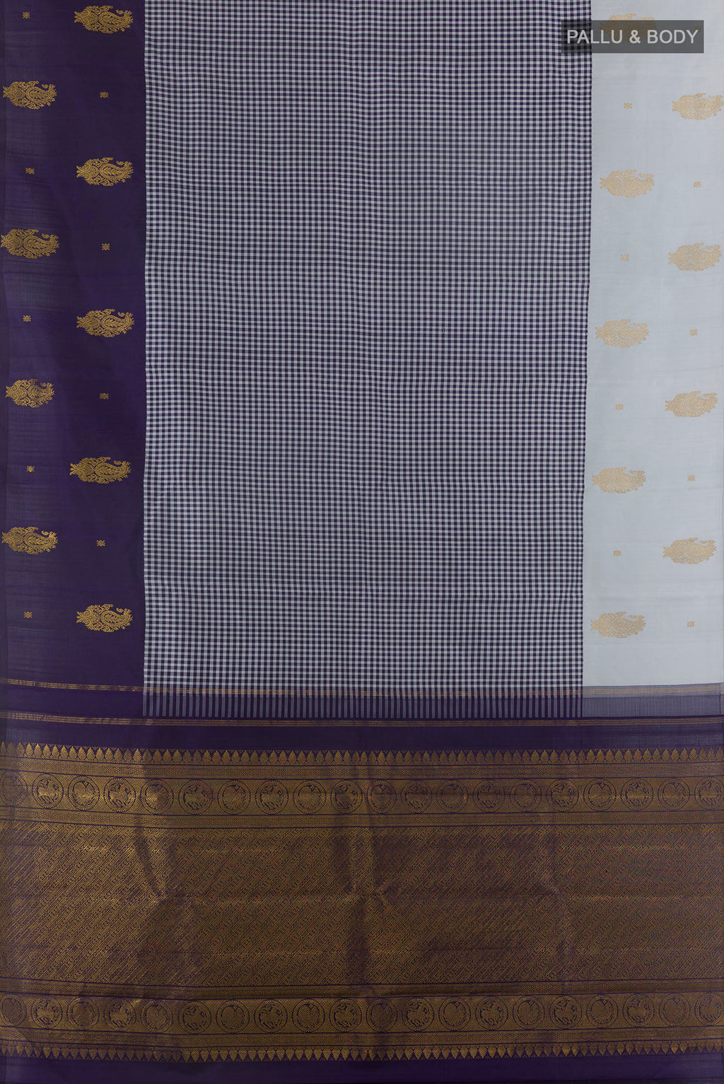 Flat view of Pure Silk Navy Blue Kanjivaram Saree with Checked design on the body and Ganga Jamuna Border. 