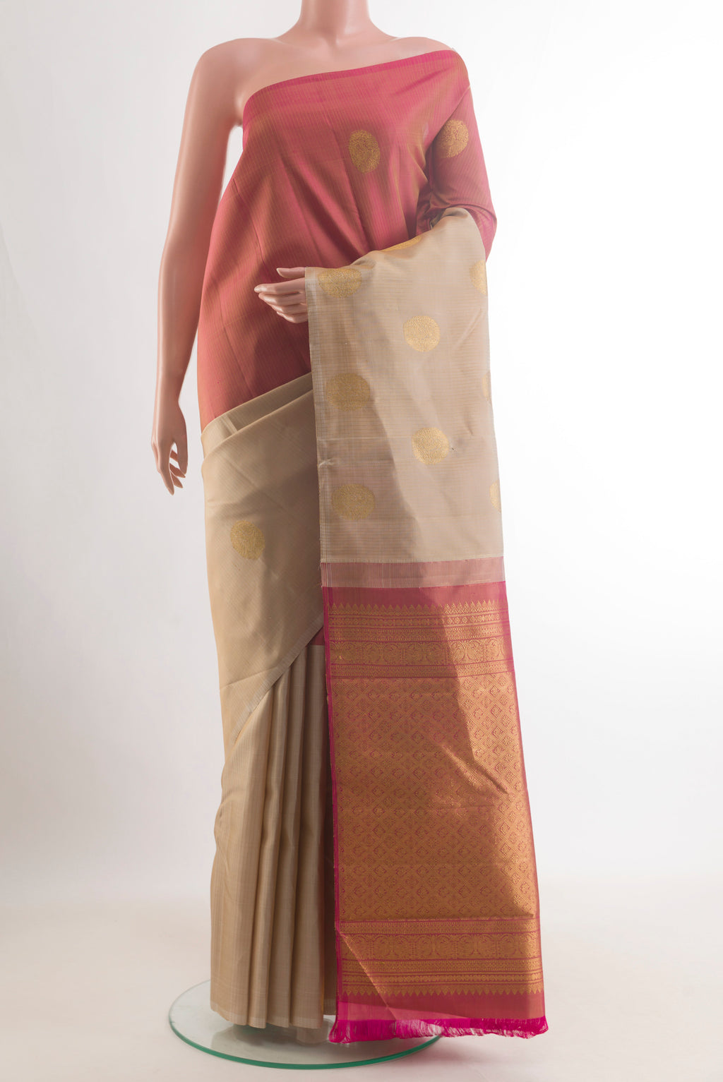 Pure Silk Multi Color Kanchipuram Saree with Half And Half on the body and Without Border.  displayed on a mannequin