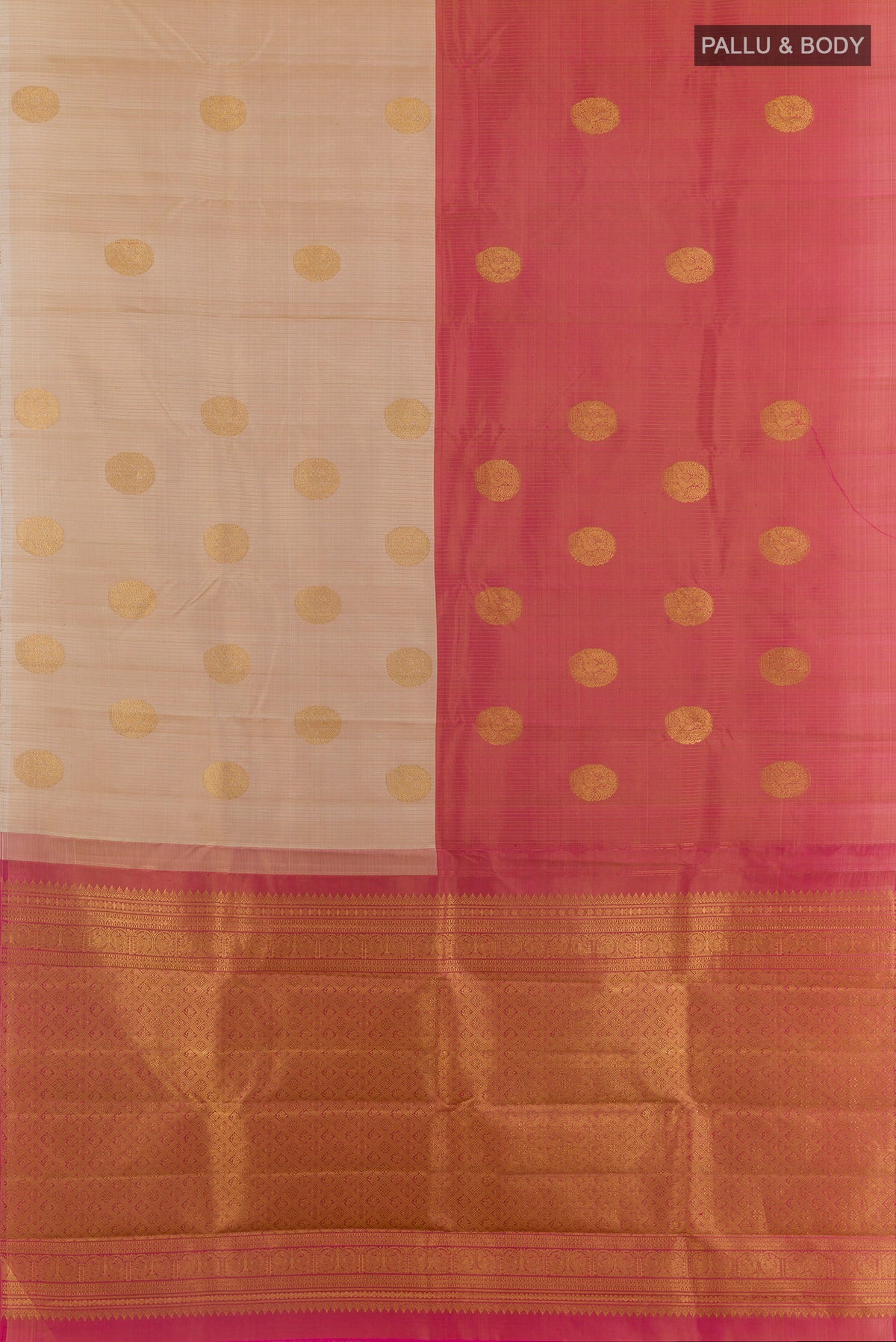 Flat view of Pure Silk Multi Color Kanchipuram Saree with Half And Half on the body and Without Border. 