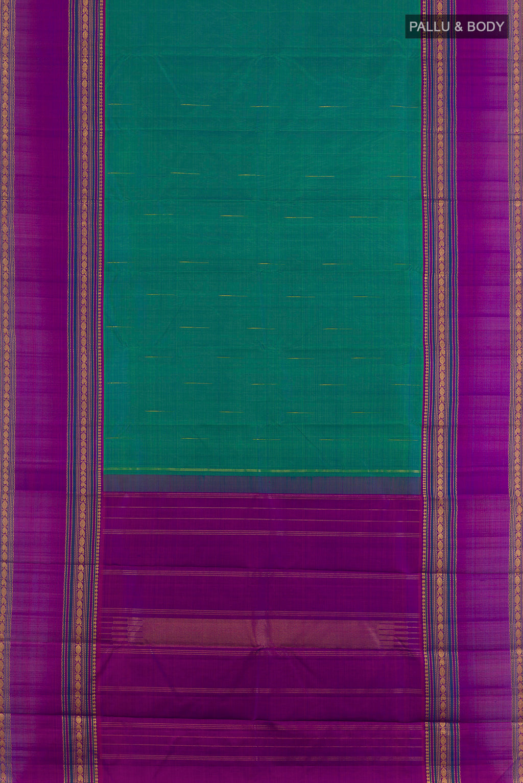 Flat view of Pure Silk Green Kanjivaram Saree with Zari Butta on the body and Zari Border. 