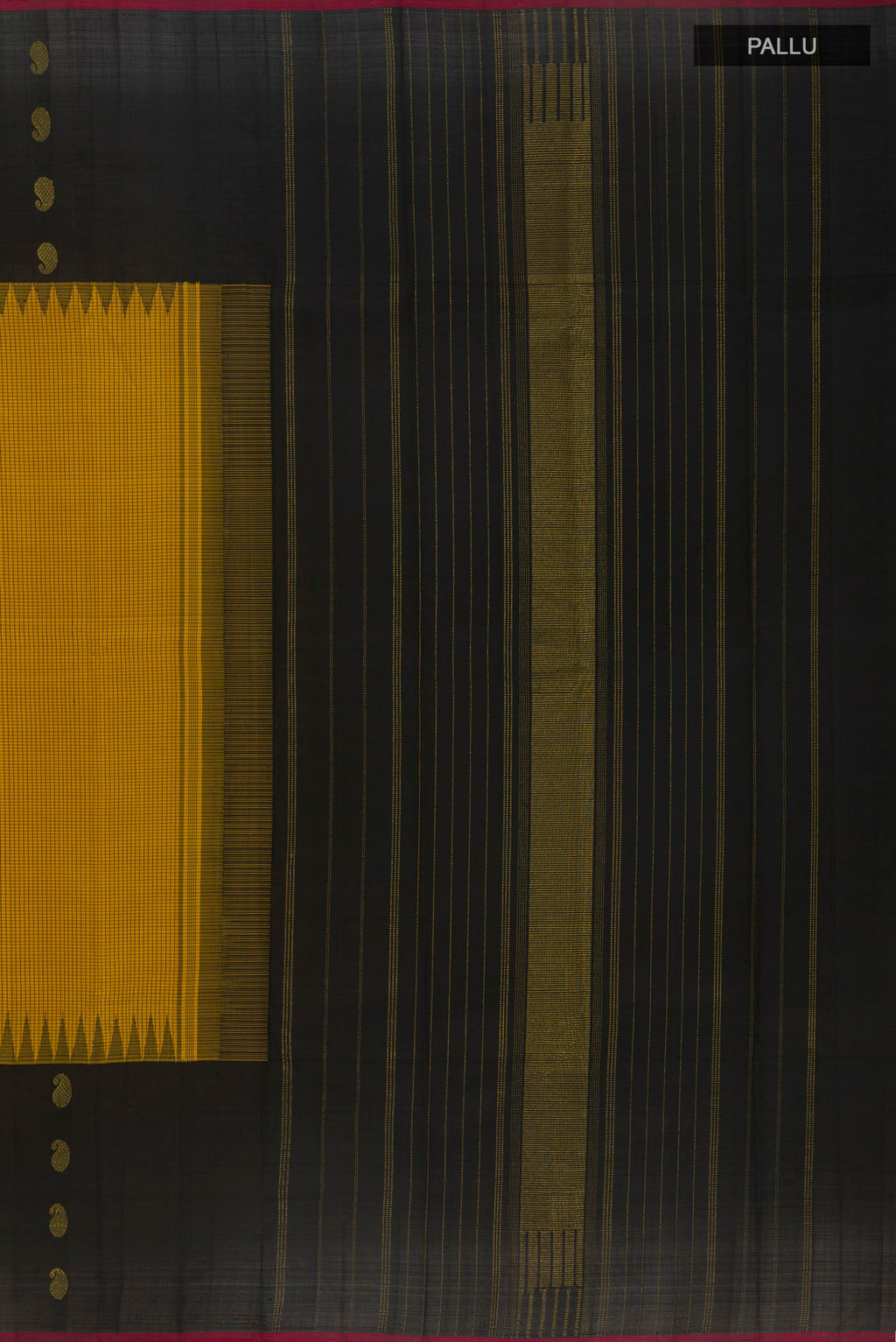 Close up image of the pallu of Pure Silk Yellow Kanjivaram Saree with Checked design on the body and Fancy Border. 