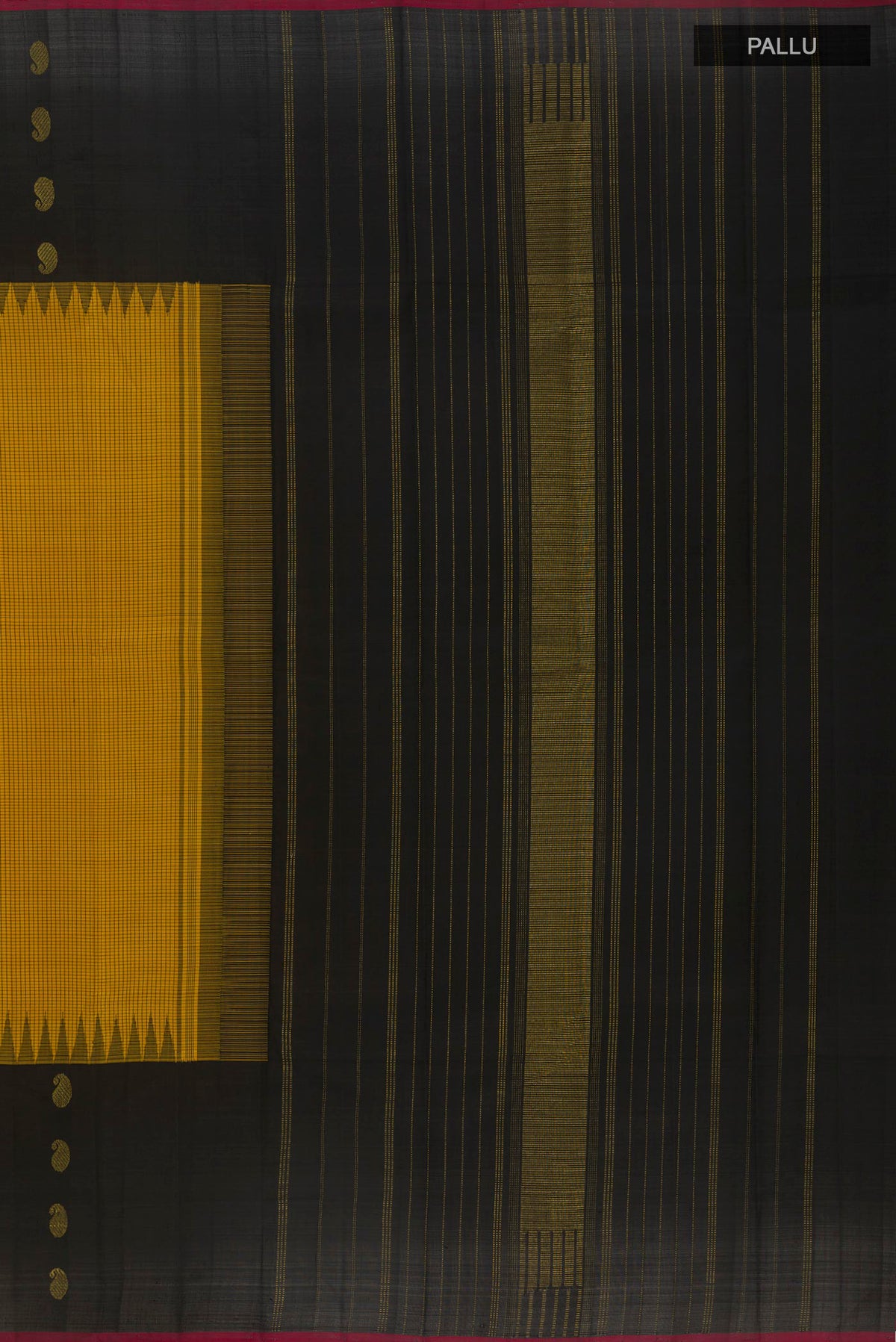 Close up image of the pallu of Pure Silk Yellow Kanjivaram Saree with Checked design on the body and Fancy Border. 