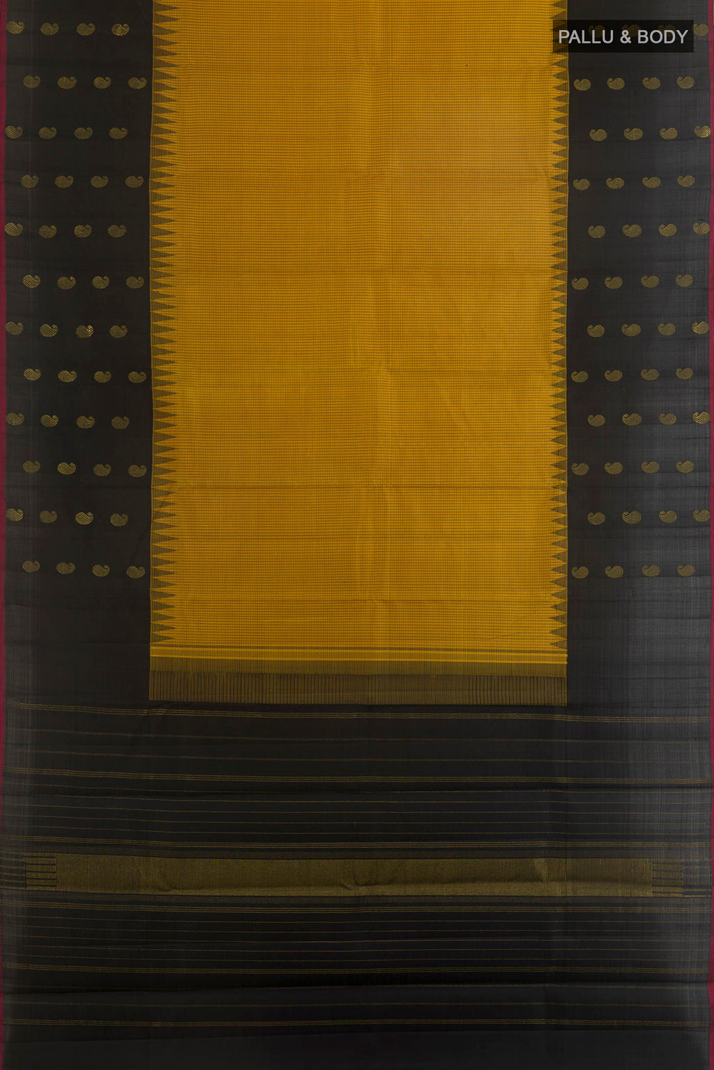 Flat view of Pure Silk Yellow Kanjivaram Saree with Checked design on the body and Fancy Border. 