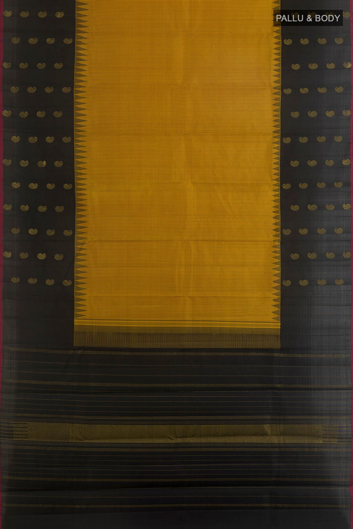 Flat view of Pure Silk Yellow Kanjivaram Saree with Checked design on the body and Fancy Border. 