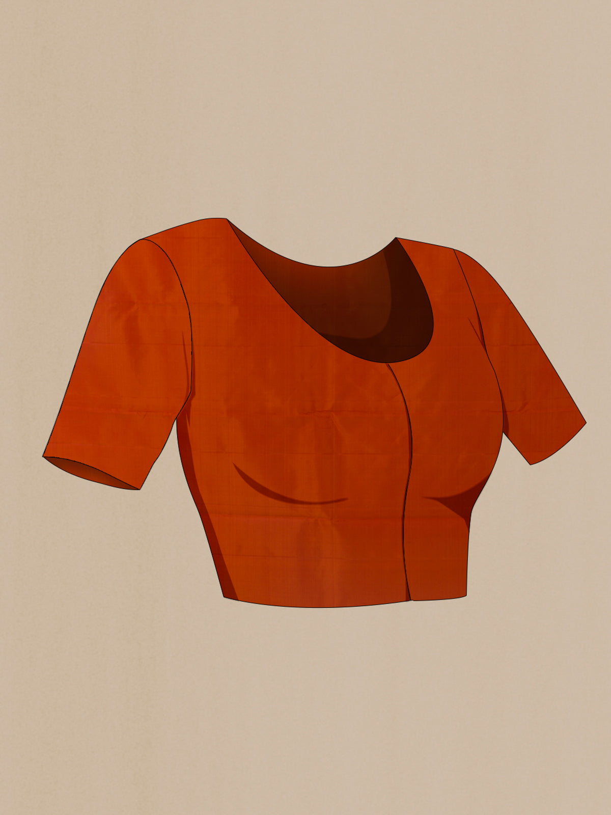 Close up image of the blouse of Pure Silk Orange Kanjivaram Saree with Thread Butta on the body and Thread Border. 
