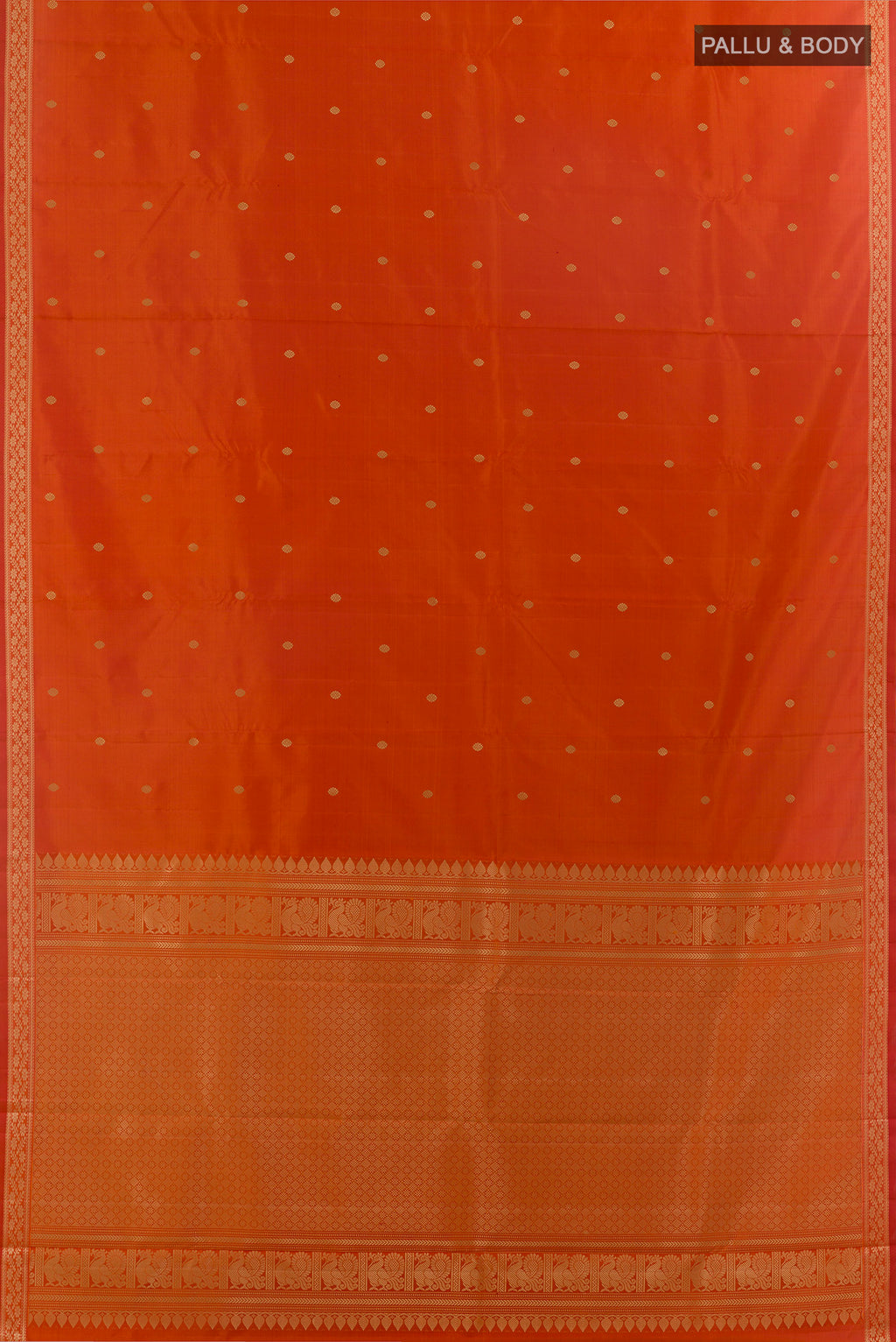 Flat view of Pure Silk Orange Kanjivaram Saree with Thread Butta on the body and Thread Border. 