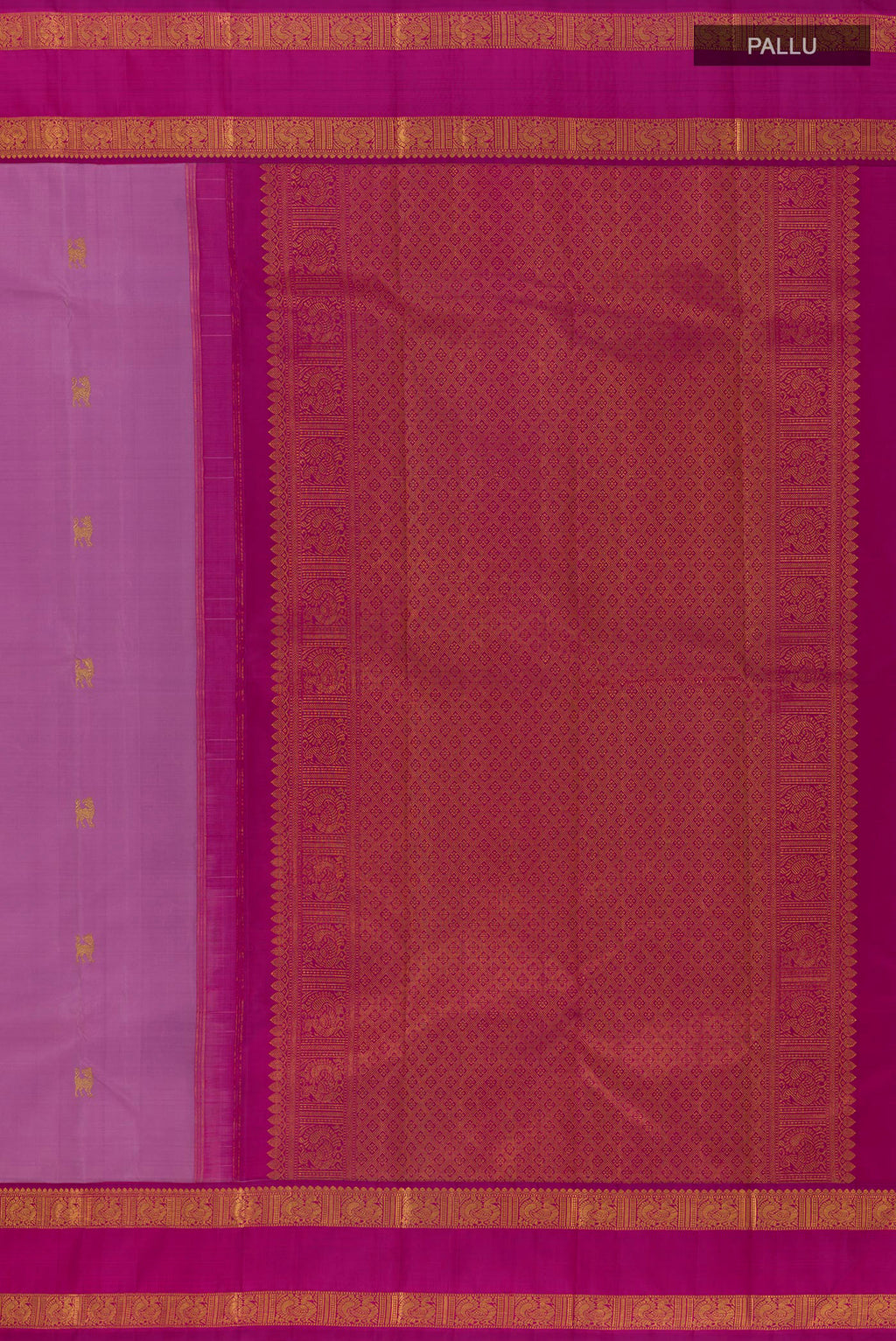 Close up image of the pallu of Pure Silk Lavender Kanjivaram Saree with Zari Butta on the body and Zari Border. 