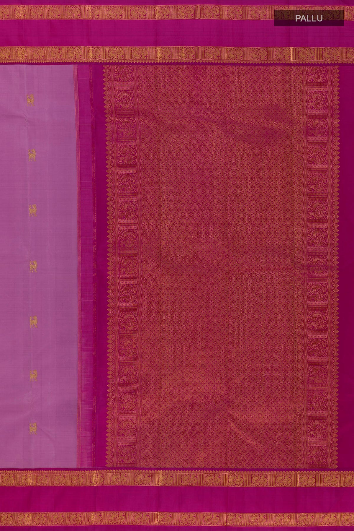Close up image of the pallu of Pure Silk Lavender Kanjivaram Saree with Zari Butta on the body and Zari Border. 