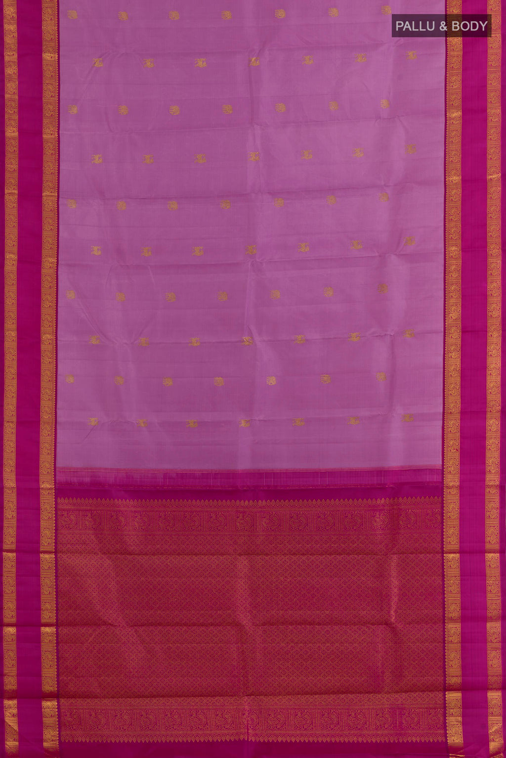 Flat view of Pure Silk Lavender Kanjivaram Saree with Zari Butta on the body and Zari Border. 