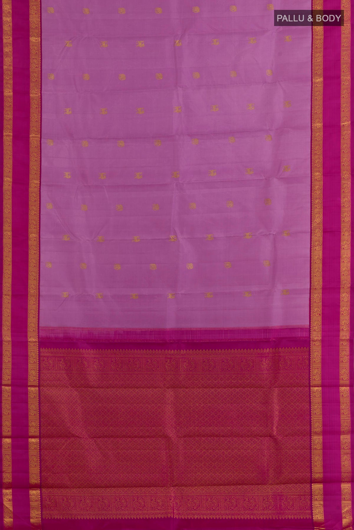 Flat view of Pure Silk Lavender Kanjivaram Saree with Zari Butta on the body and Zari Border. 