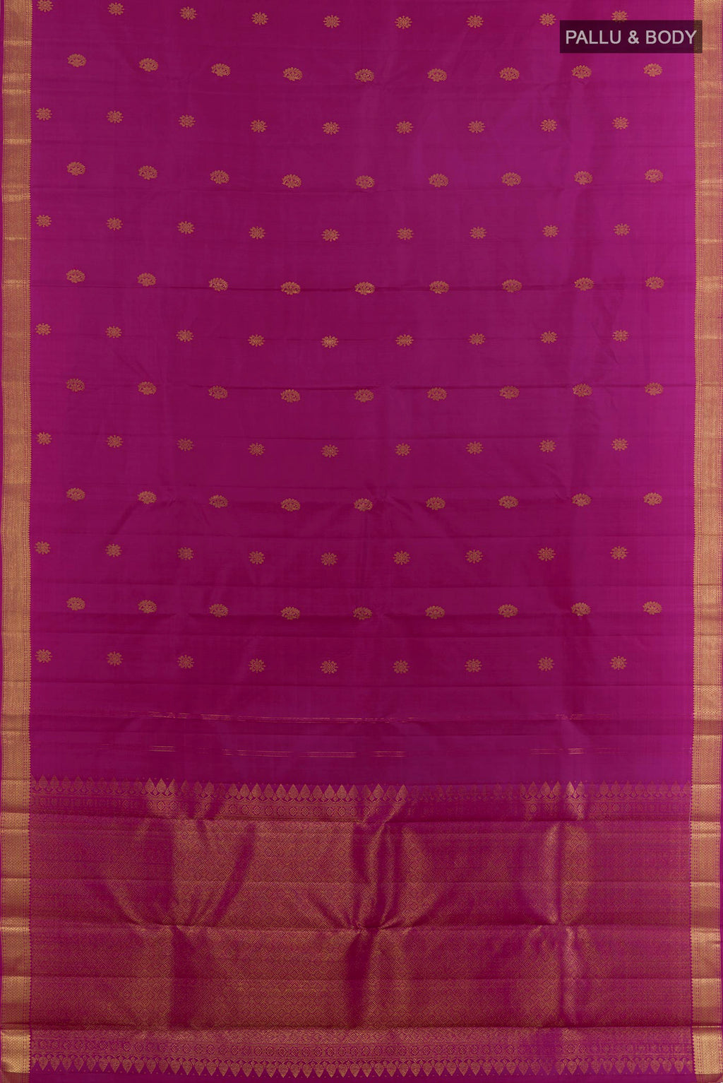 Flat view of Pure Silk Magenta Kanchipuram Saree with Zari Butta on the body and Zari Border. 