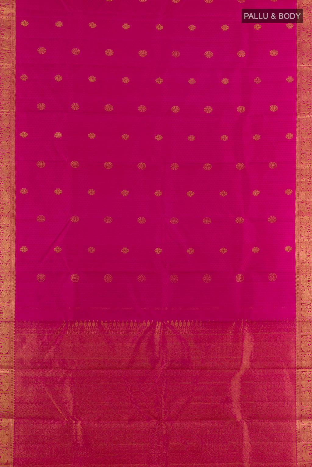 Flat view of Pure Silk Pink Kanjivaram Saree with Jacquard With Zari Butta on the body and Zari Border. 