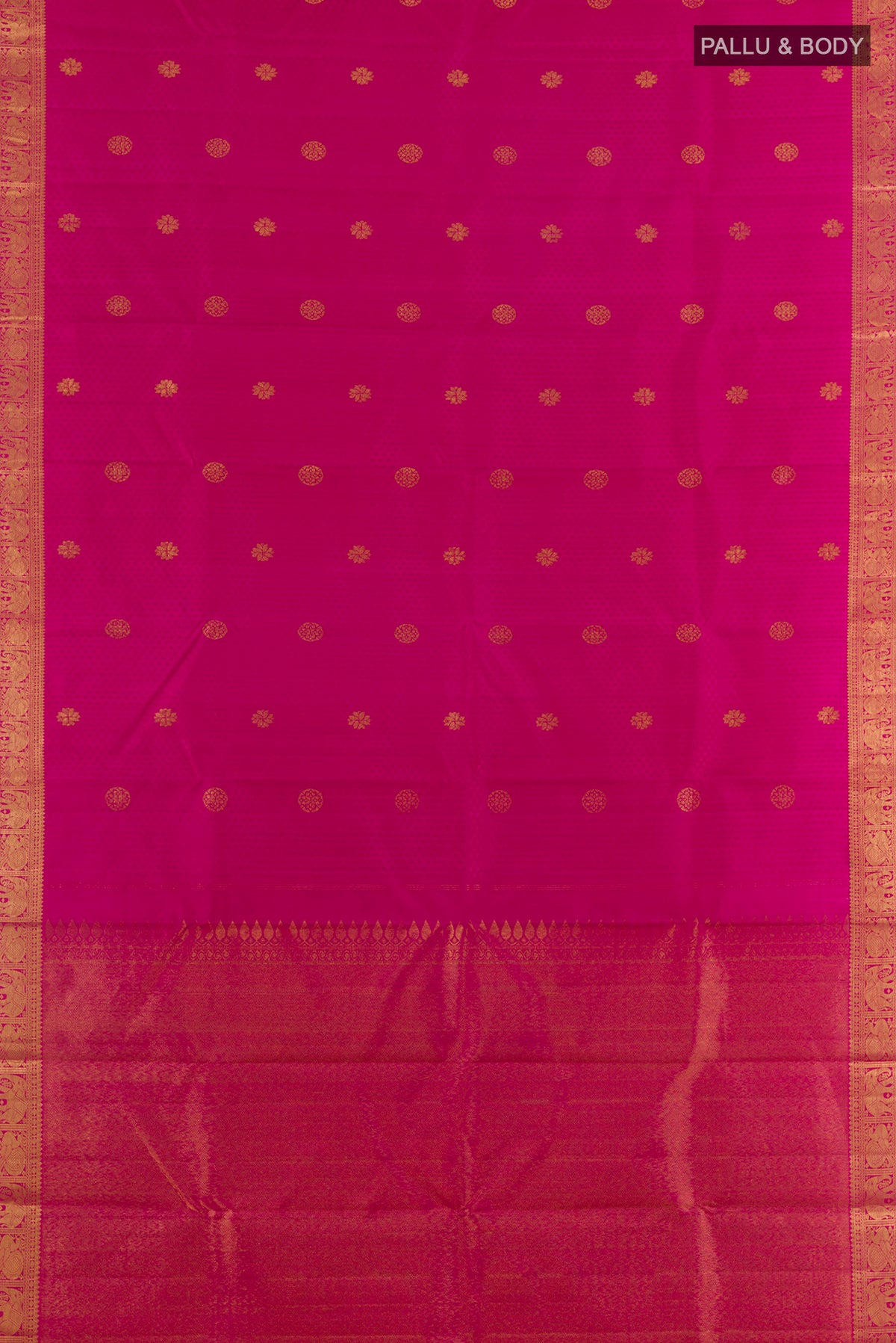 Flat view of Pure Silk Pink Kanjivaram Saree with Jacquard With Zari Butta on the body and Zari Border. 