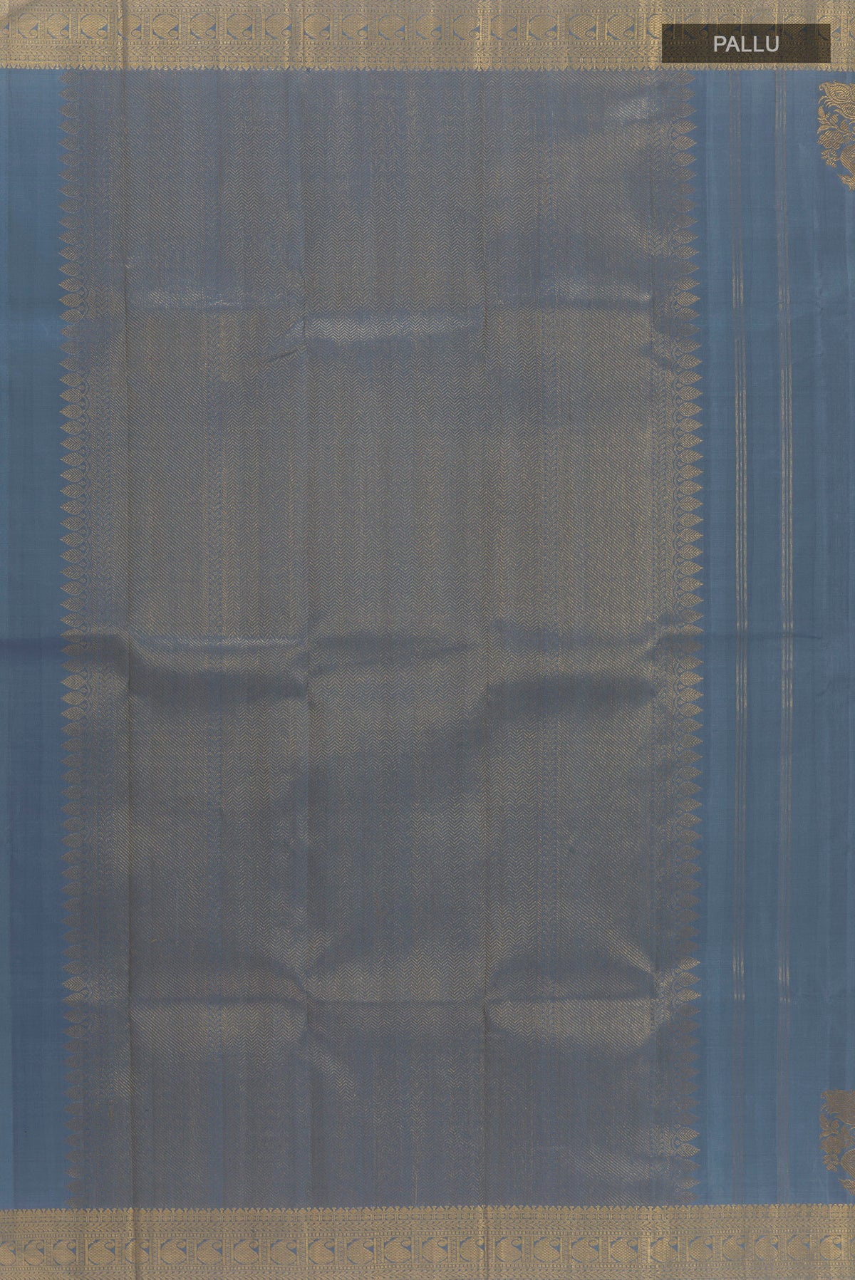 Close up image of the pallu of Pure Silk Blue Grey Kanchipuram Saree with Zari Butta on the body and Zari Border. 