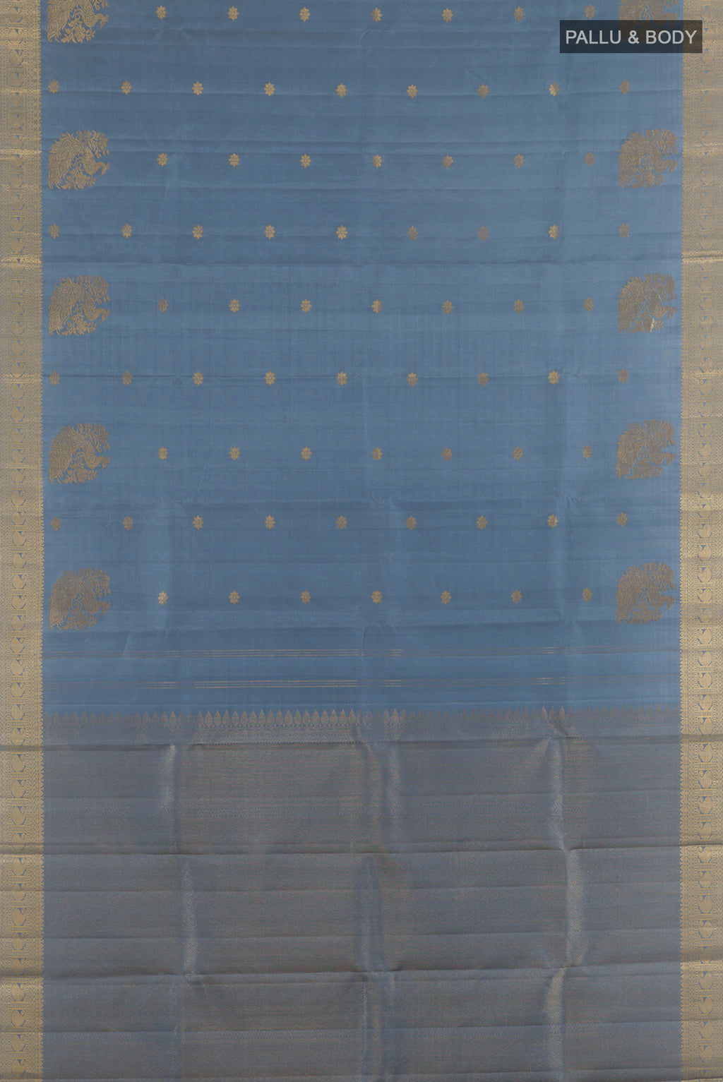 Flat view of Pure Silk Blue Grey Kanchipuram Saree with Zari Butta on the body and Zari Border. 