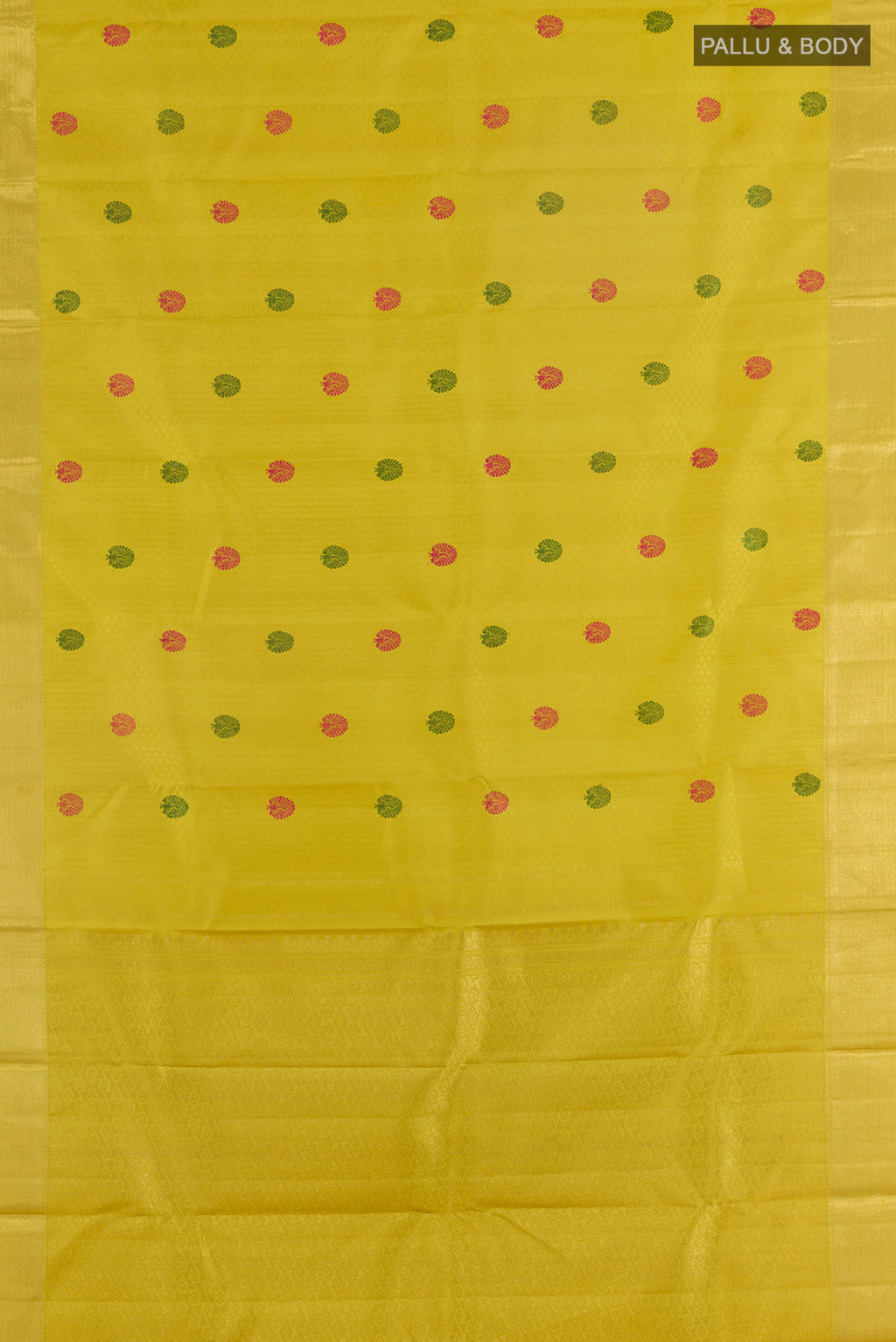 Flat view of Pure Silk Yellow Kanjivaram Saree with Jacquard With Thread Butta on the body and Zari Border. 