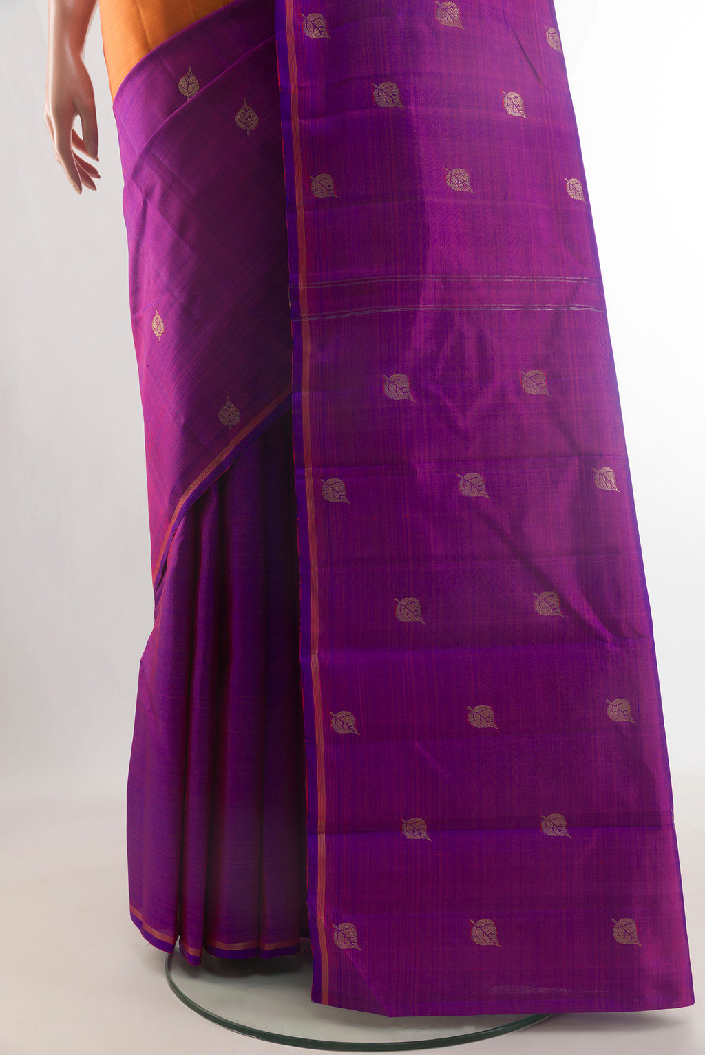 Pleats and pallu of Pure Silk Multi Color Kanjivaram Saree with Half And Half on the body and Without Border. 