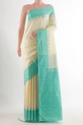 Pure Silk Cream Kanjivaram Saree with Plain Body and Temple Border.  displayed on a mannequin