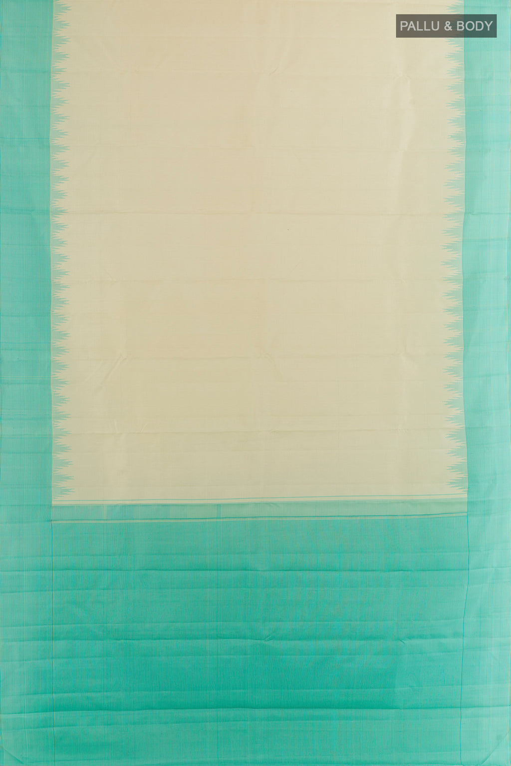 Flat view of Pure Silk Cream Kanjivaram Saree with Plain Body and Temple Border. 