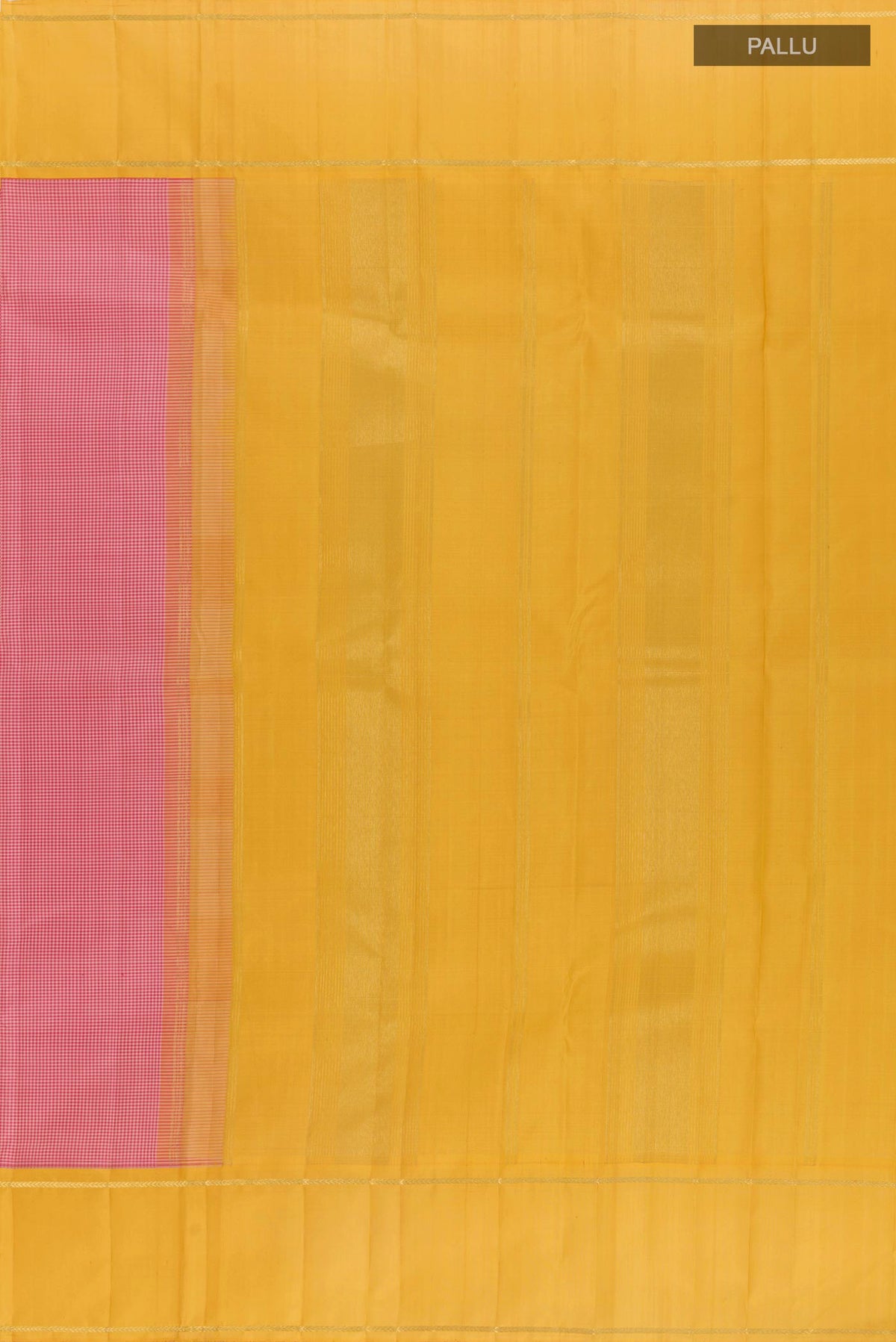 Close up image of the pallu of Pure Silk Pink Kanjivaram Saree with Checked design on the body and Zari Border. 