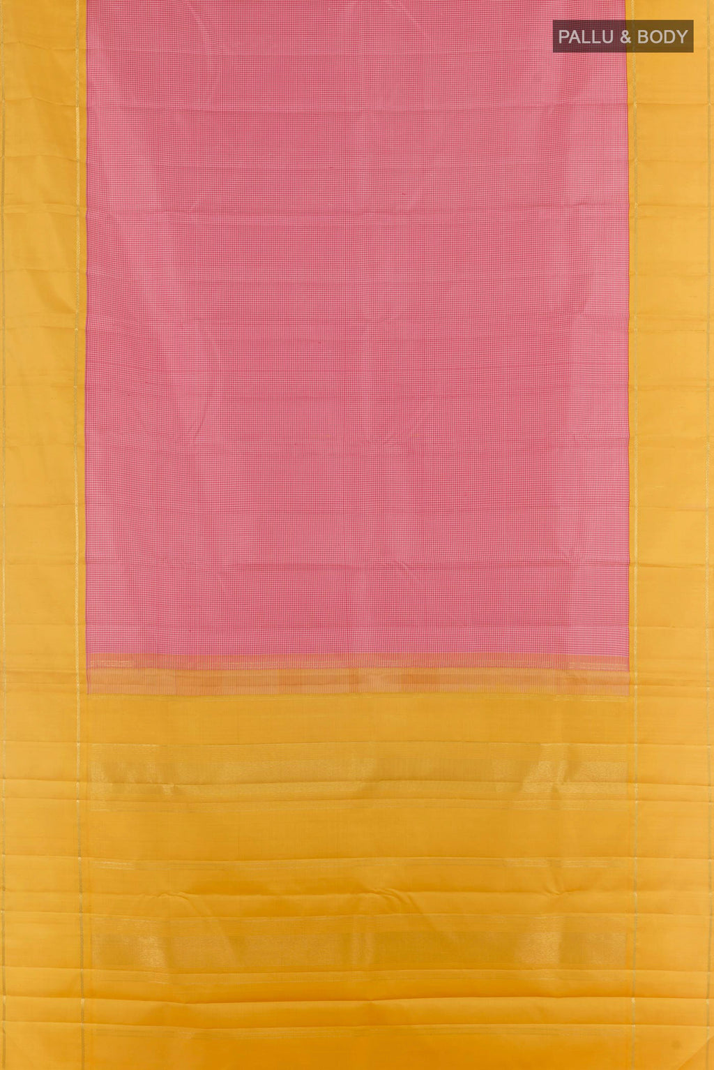 Flat view of Pure Silk Pink Kanjivaram Saree with Checked design on the body and Zari Border. 