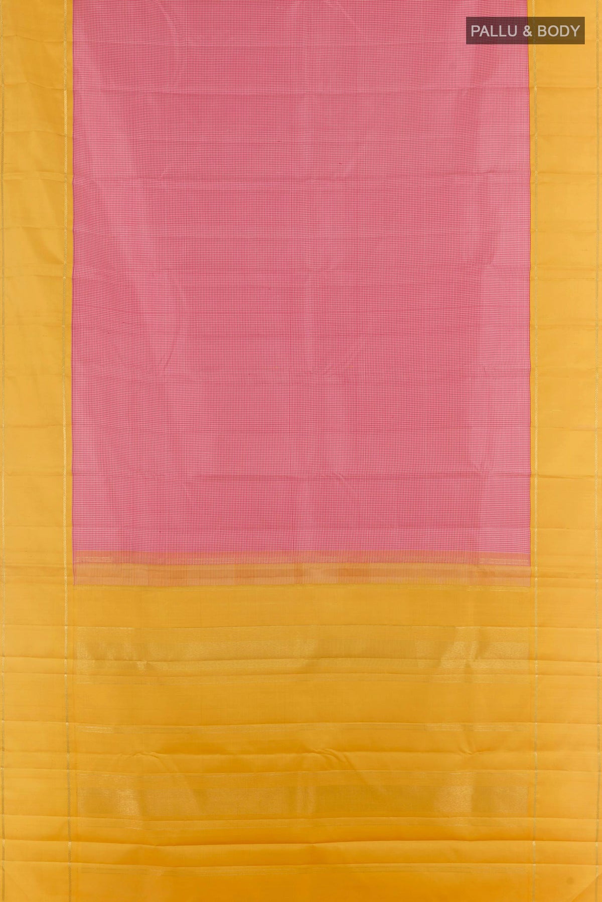 Flat view of Pure Silk Pink Kanjivaram Saree with Checked design on the body and Zari Border. 