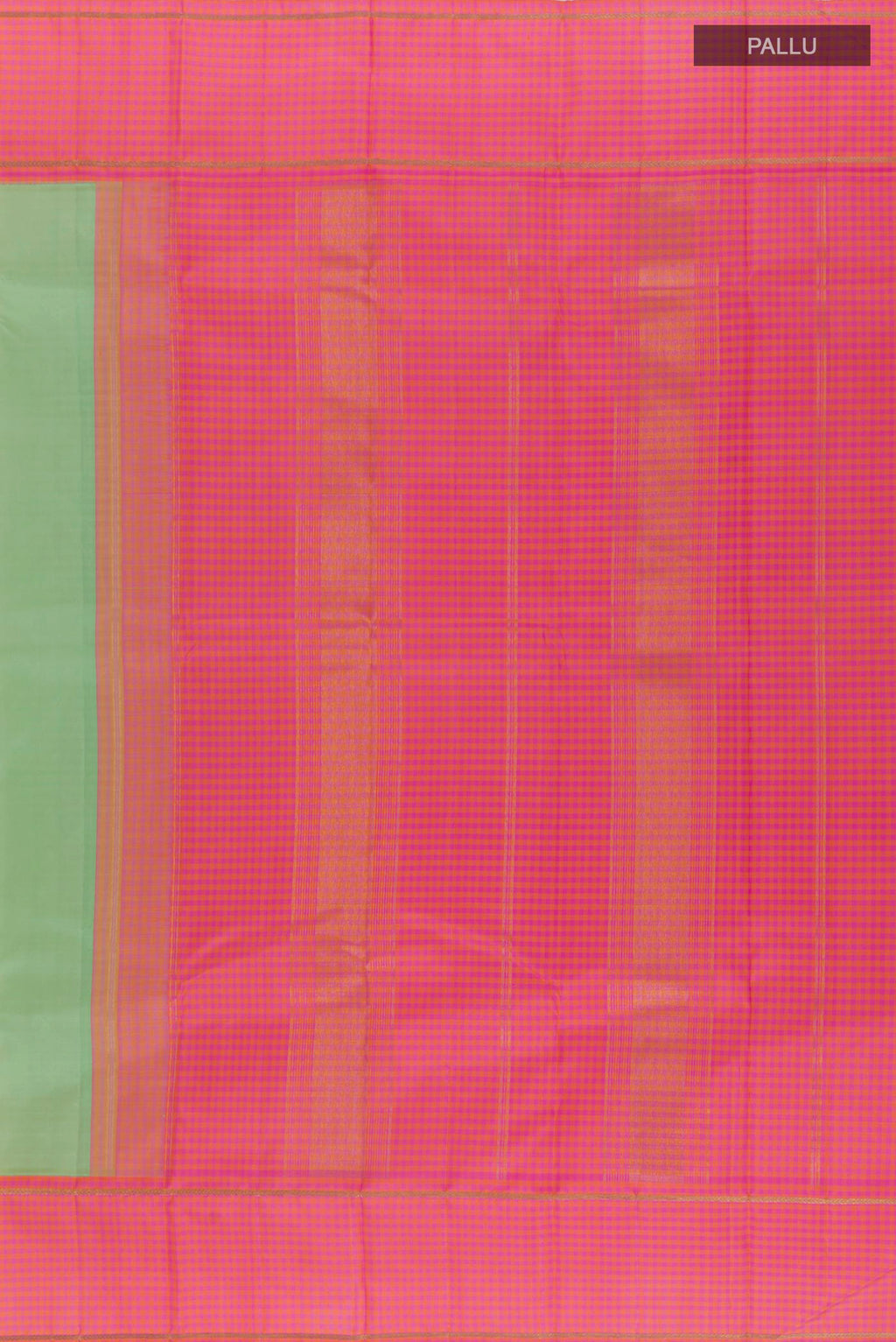 Close up image of the pallu of Pure Silk Pista Green Kanjivaram Saree with Plain Body and Zari Border. 