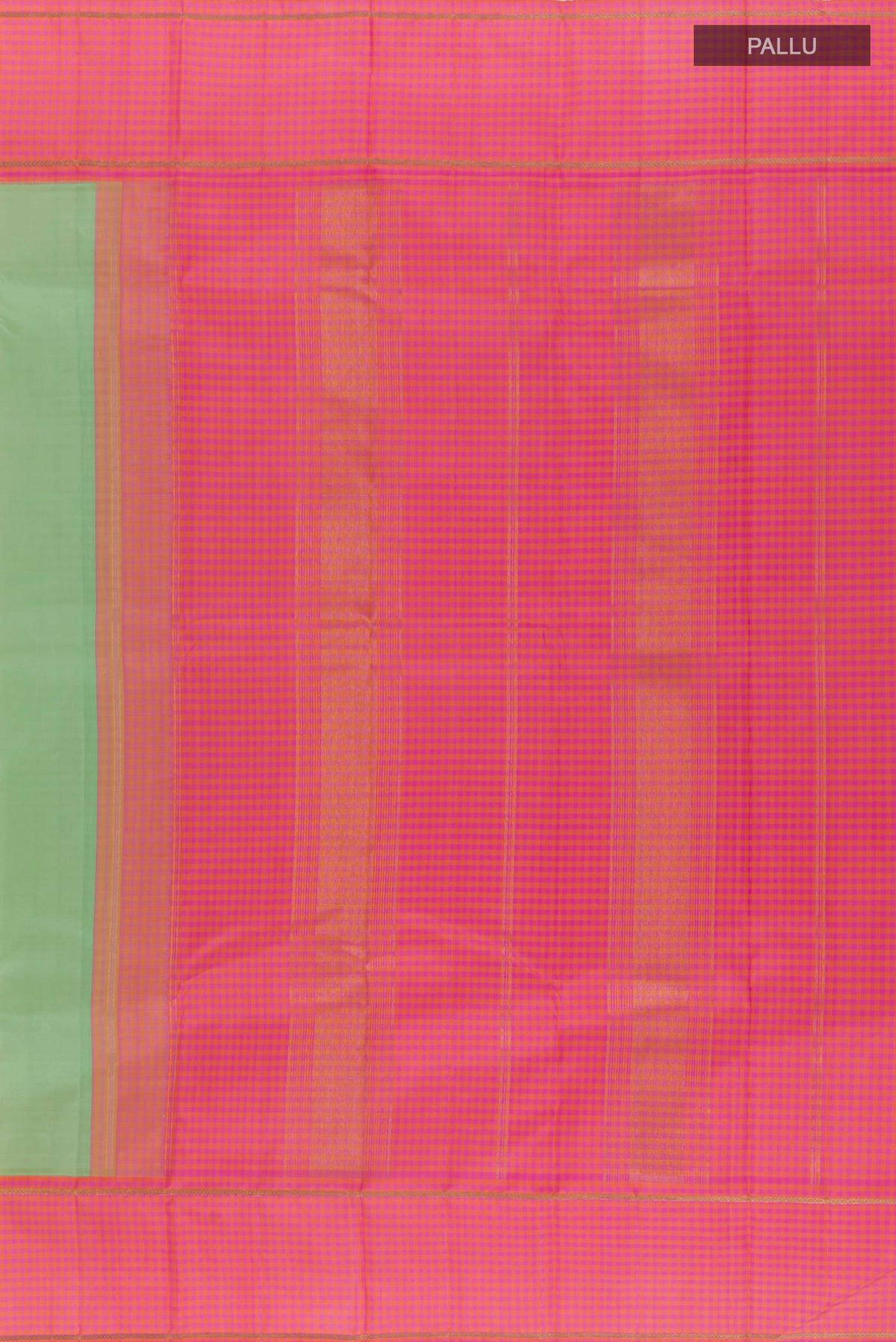 Close up image of the pallu of Pure Silk Pista Green Kanjivaram Saree with Plain Body and Zari Border. 