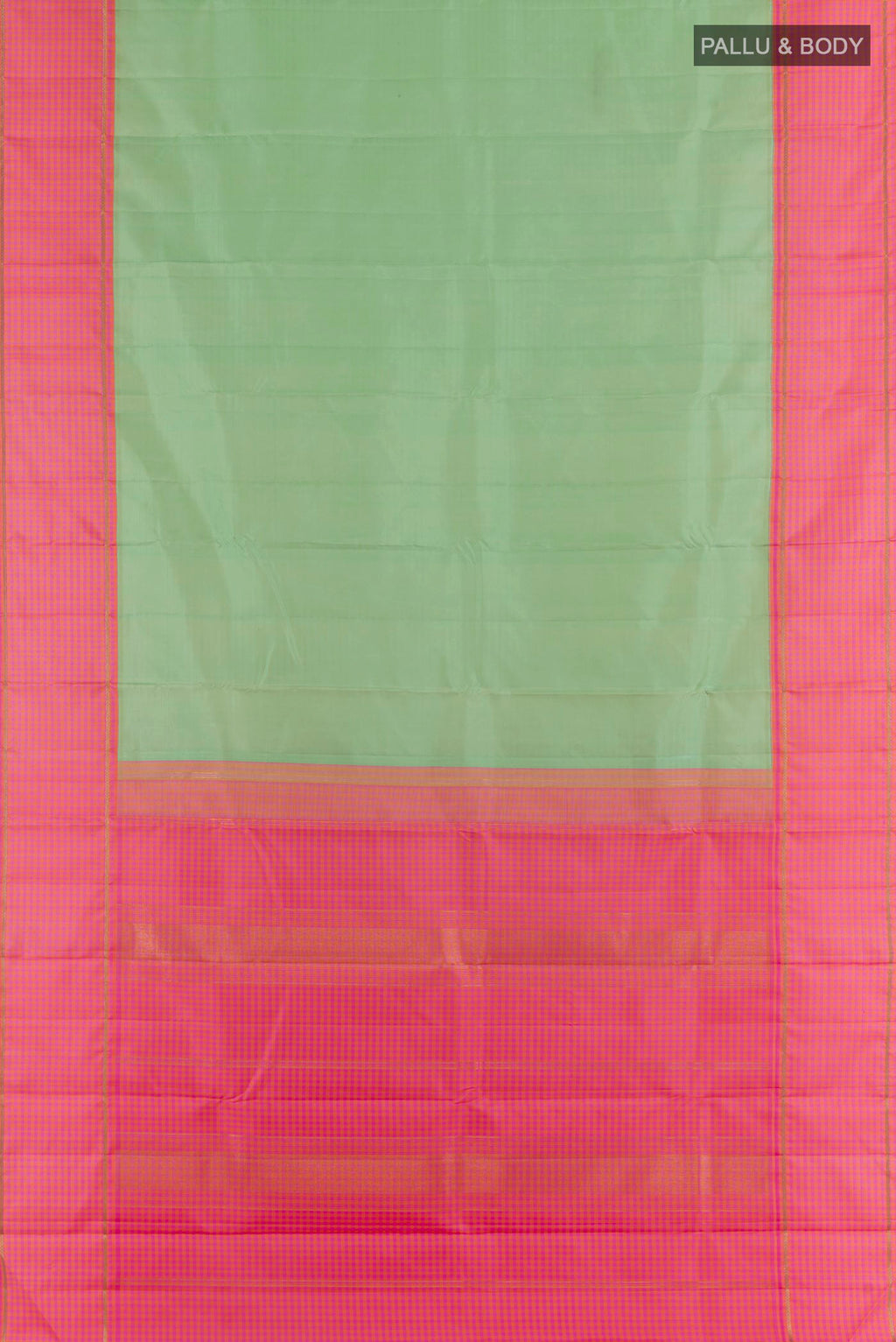 Flat view of Pure Silk Pista Green Kanjivaram Saree with Plain Body and Zari Border. 