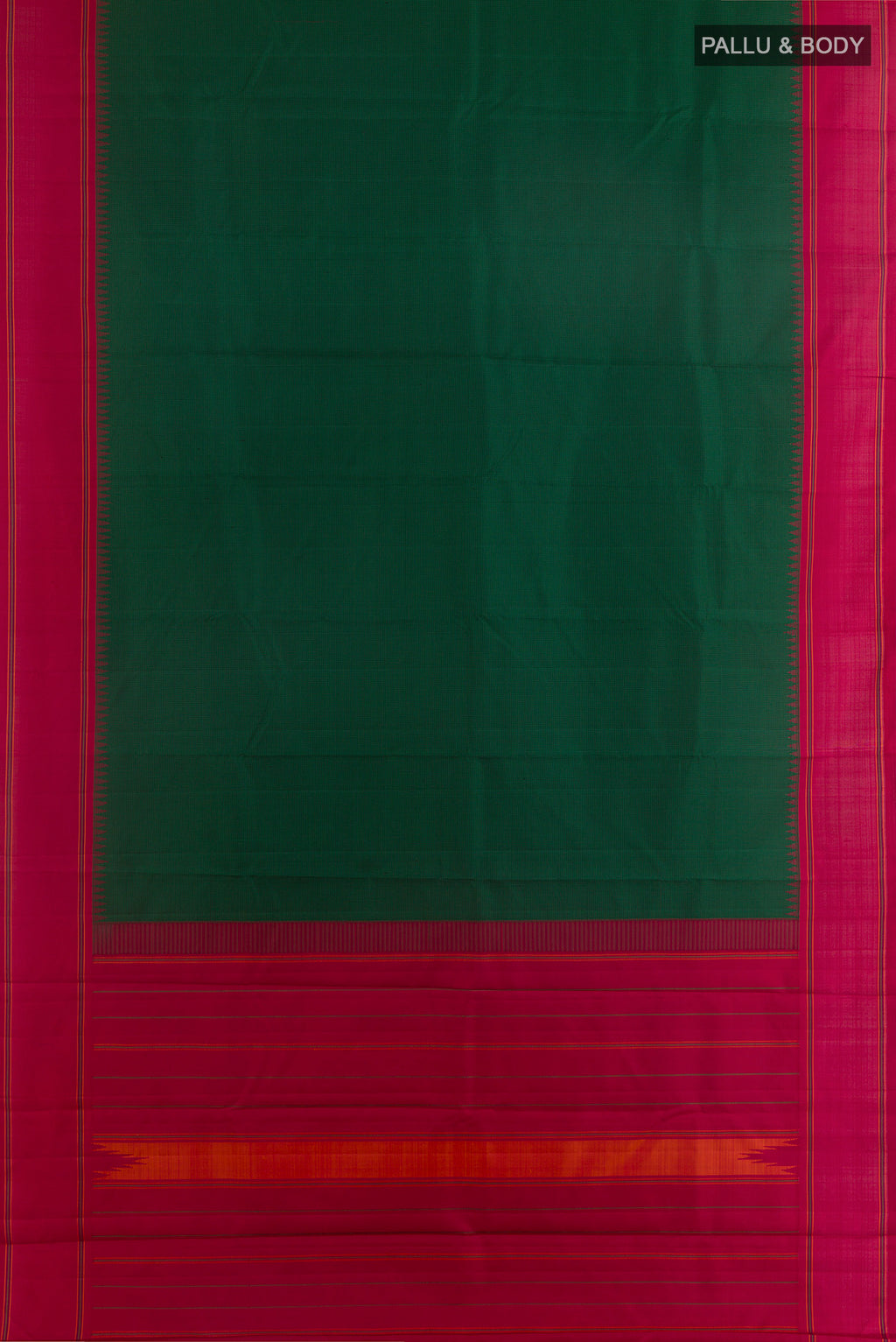 Flat view of Pure Silk Green Kanjivaram Saree with Checked design on the body and Plain Border. 