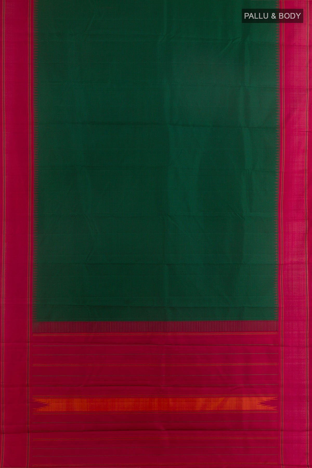 Flat view of Pure Silk Green Kanjivaram Saree with Checked design on the body and Plain Border. 