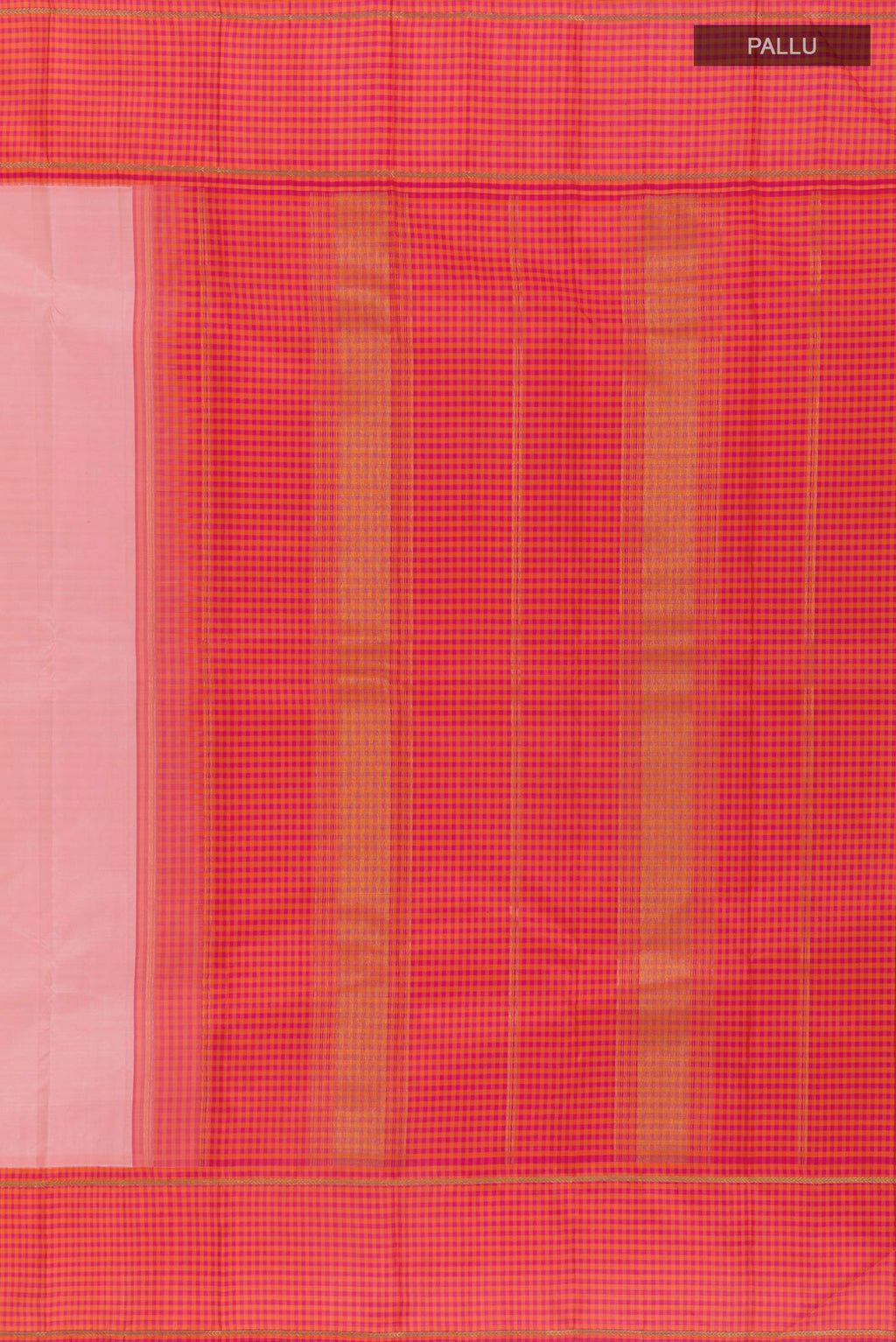 Close up image of the pallu of Pure Silk Peach Kanjivaram Saree with Plain Body and Checks Border. 