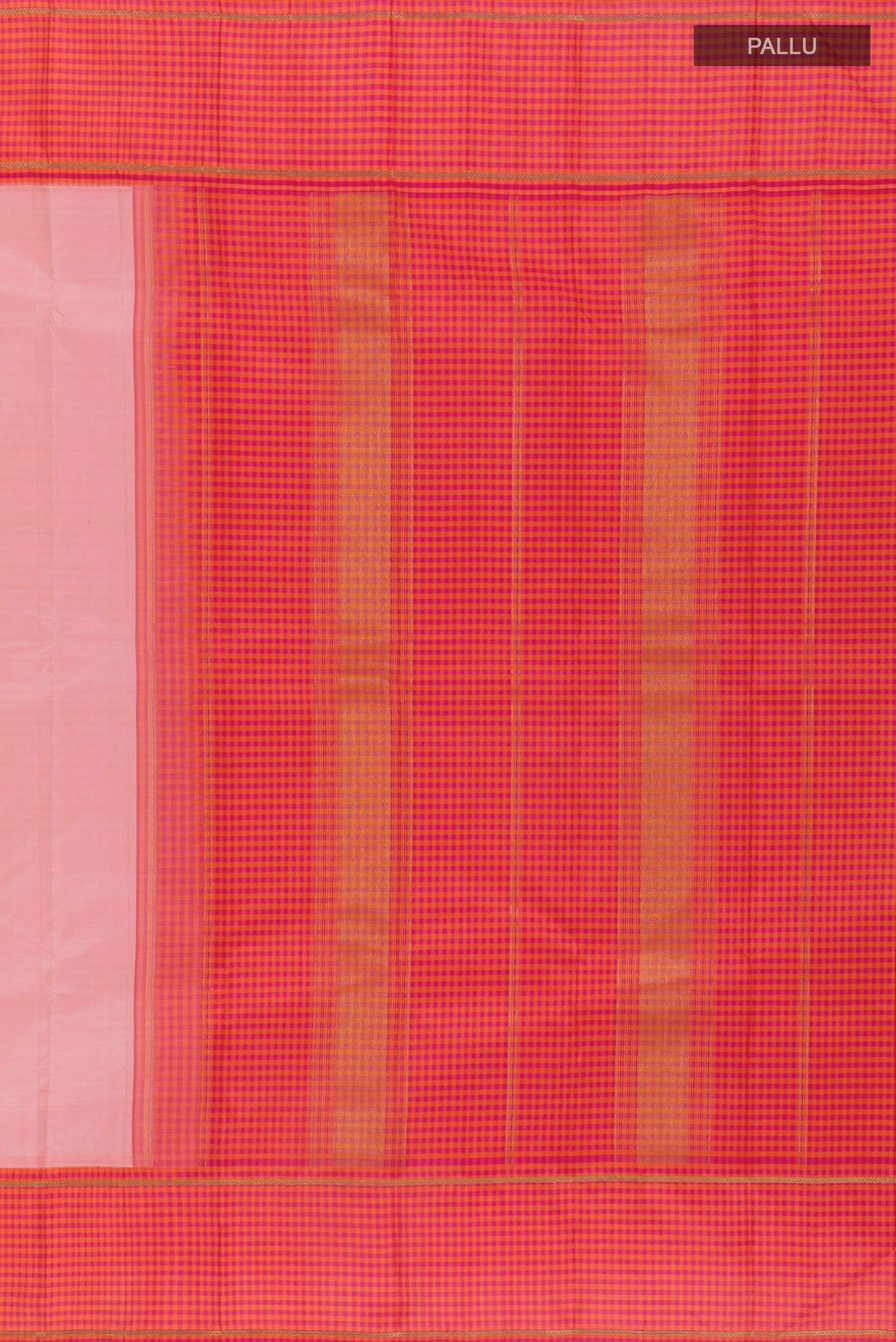Close up image of the pallu of Pure Silk Peach Kanjivaram Saree with Plain Body and Checks Border. 