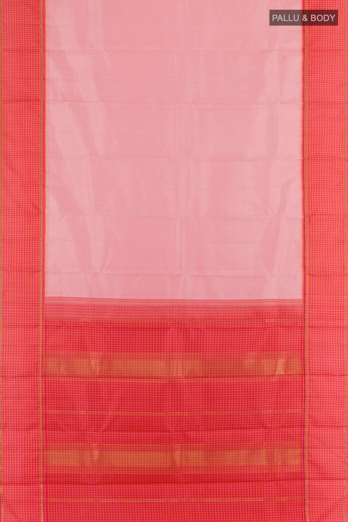 Flat view of Pure Silk Peach Kanjivaram Saree with Plain Body and Checks Border. 