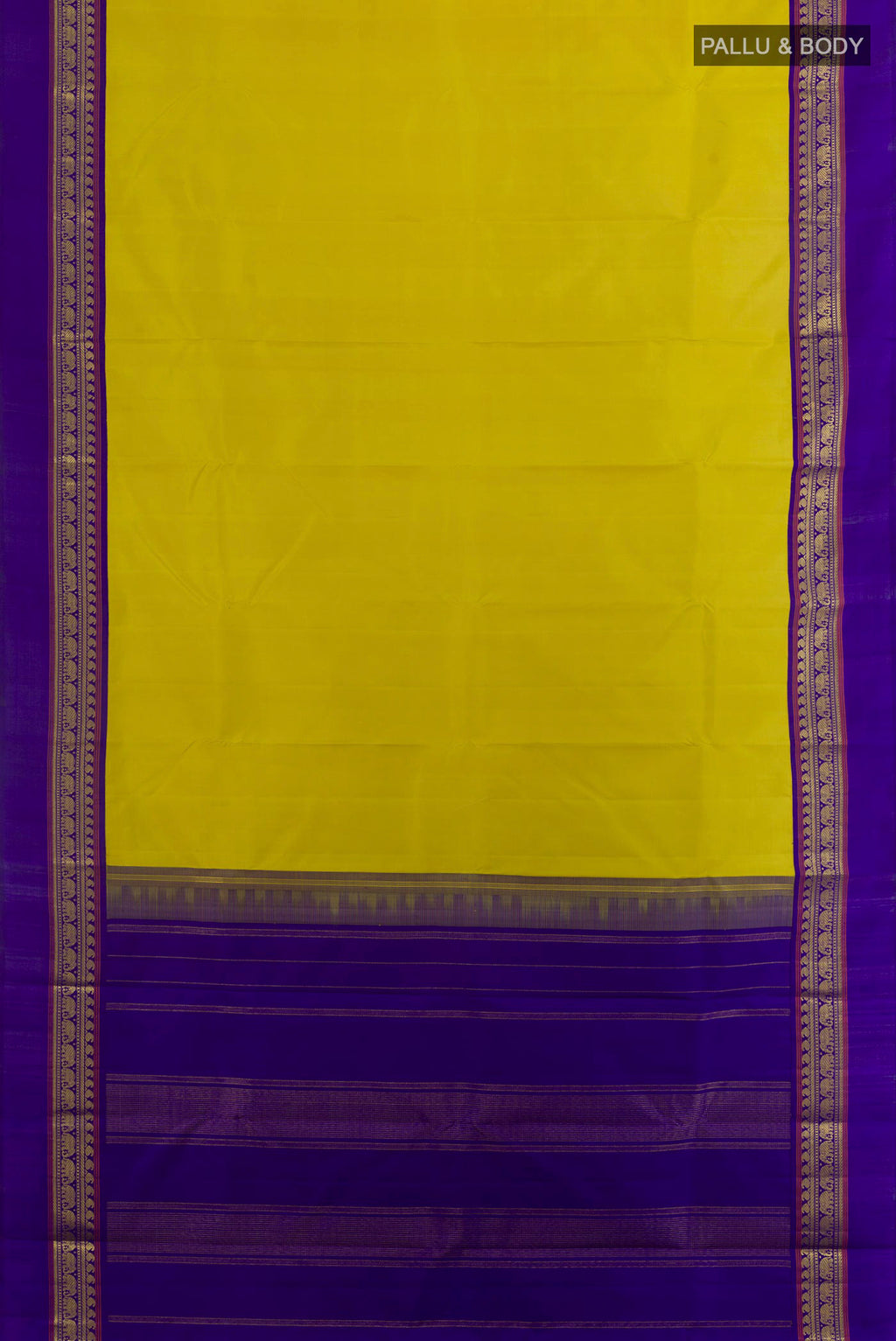 Flat view of Pure Silk Yellow Kanjivaram Saree with Plain Body and Zari Border. 