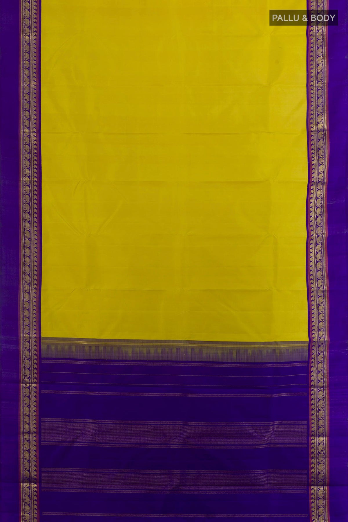 Flat view of Pure Silk Yellow Kanjivaram Saree with Plain Body and Zari Border. 