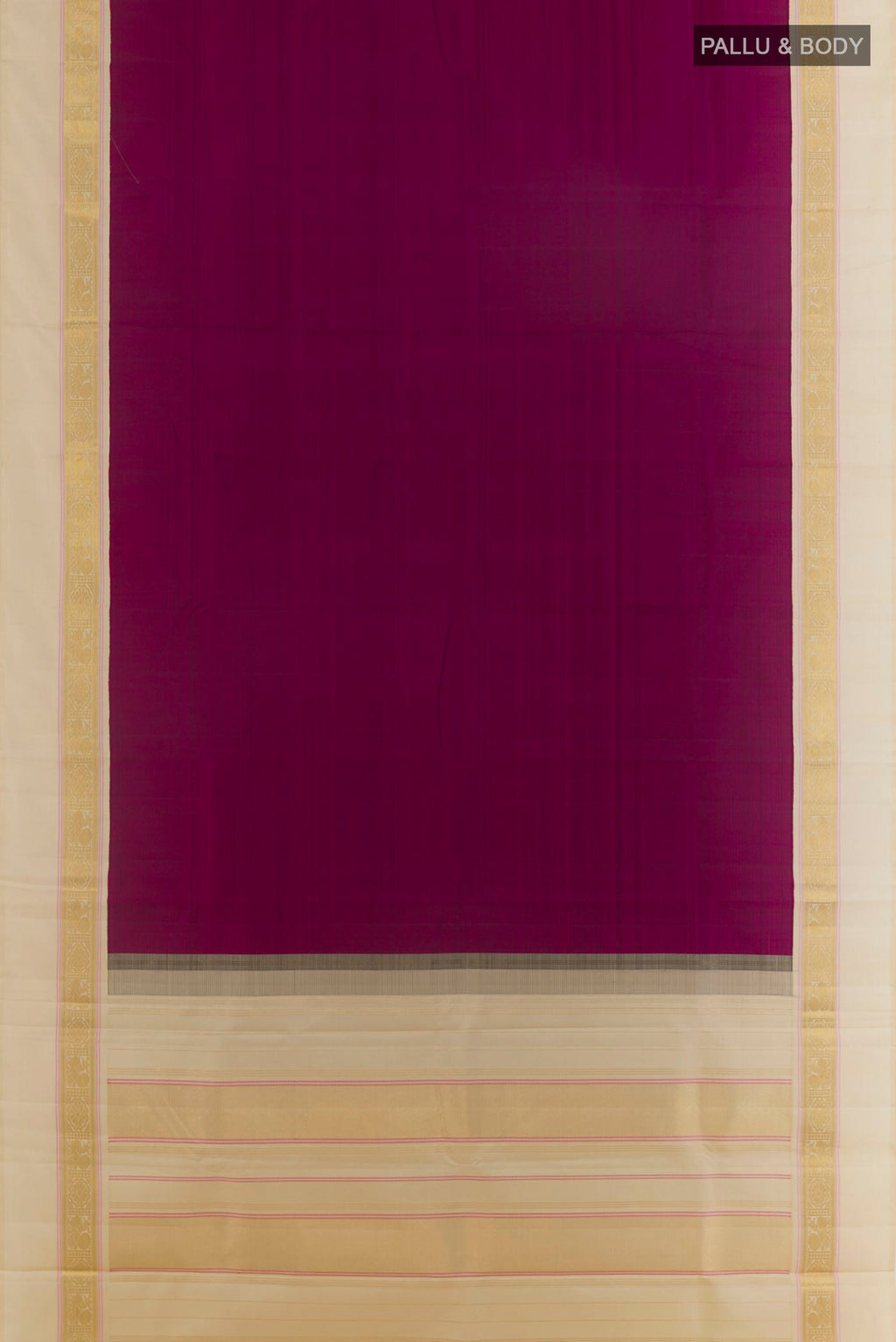 Flat view of Pure Silk Magenta Kanjivaram Saree with Plain Body and Plain Border. 