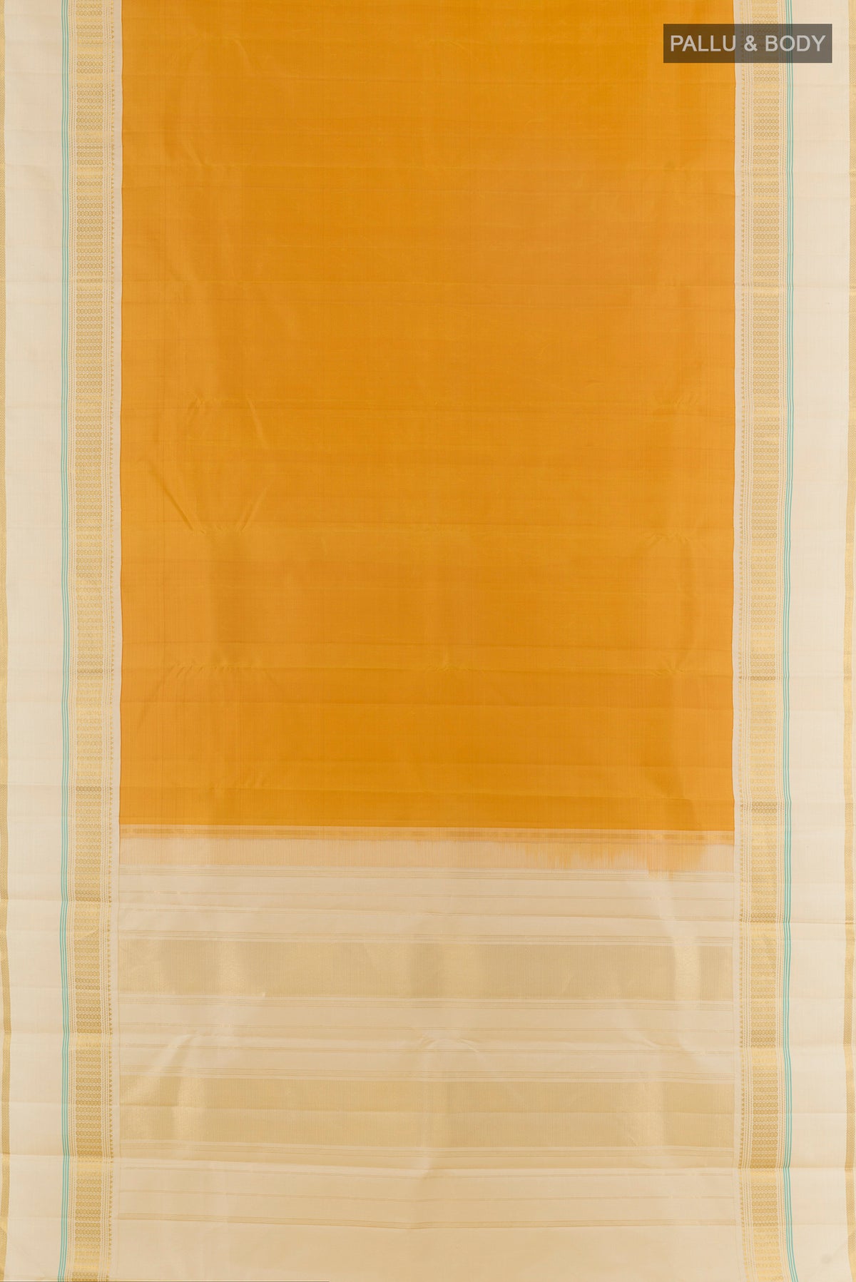 Flat view of Pure Silk Yellow Kanjivaram Saree with Plain Body and Zari Border. 