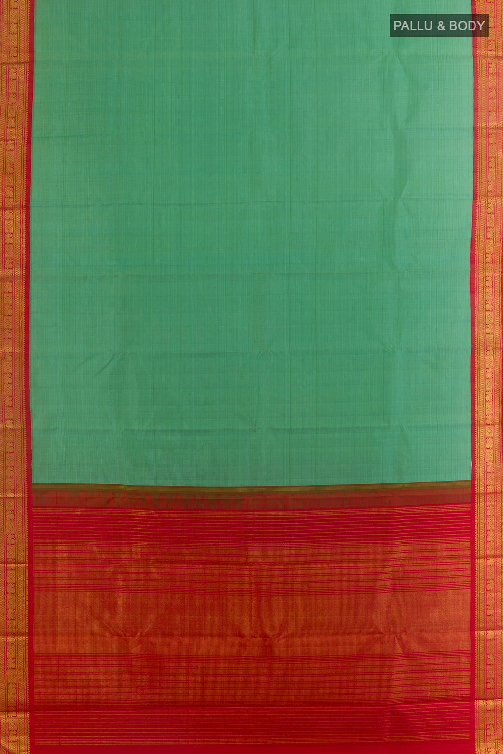 Flat view of Pure Silk Sea Green Kanjivaram Saree with Plain Body and Zari Border. 