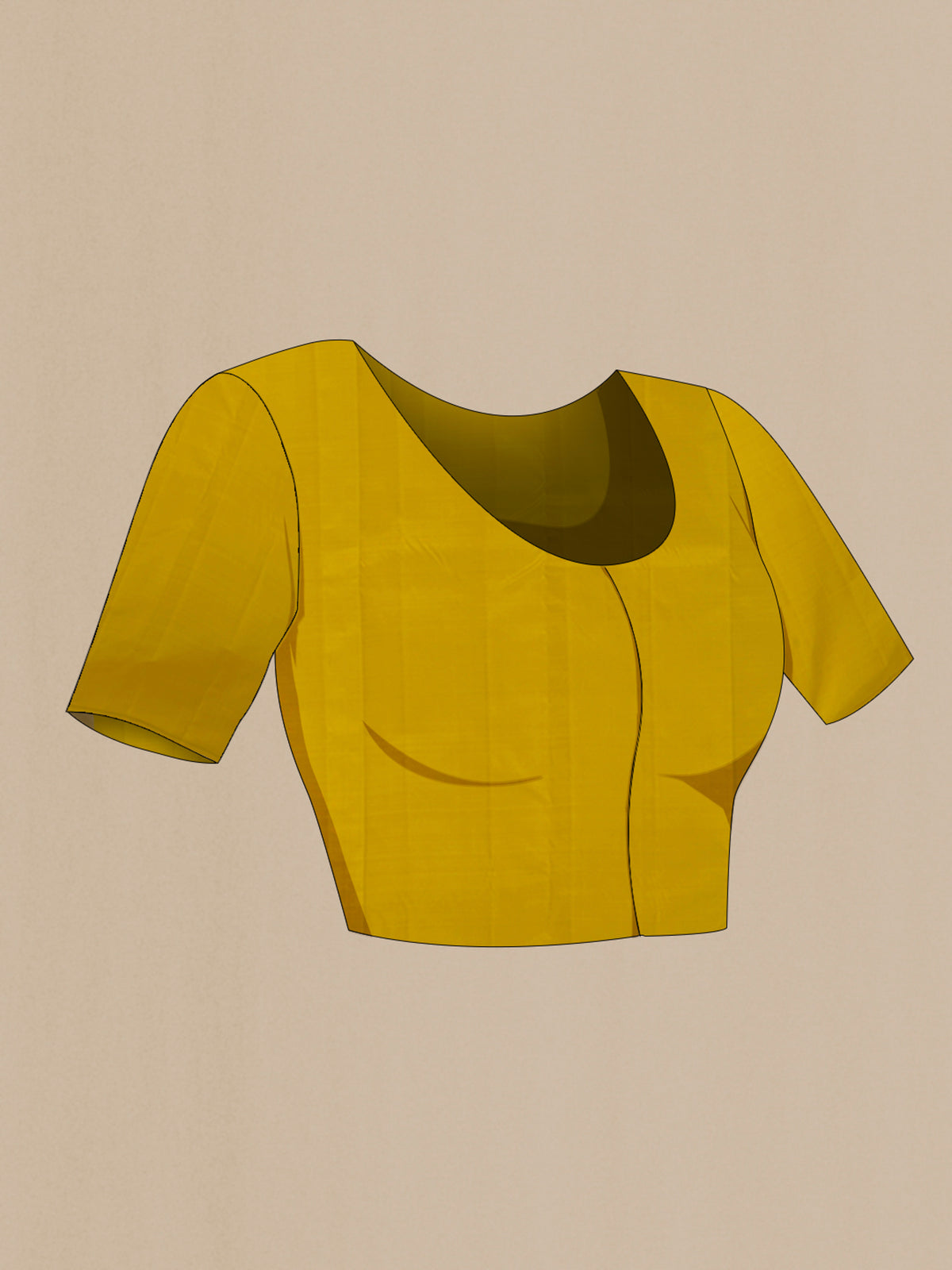 Close up image of the blouse of Pure Silk Yellow Kanchipuram Saree with Stripes on the body and Without Border. 