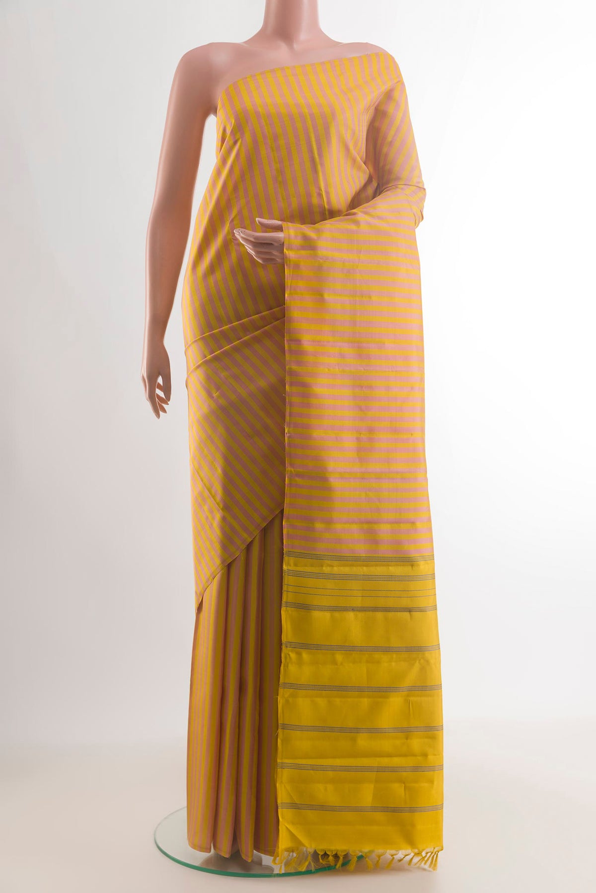 Pure Silk Yellow Kanchipuram Saree with Stripes on the body and Without Border.  displayed on a mannequin