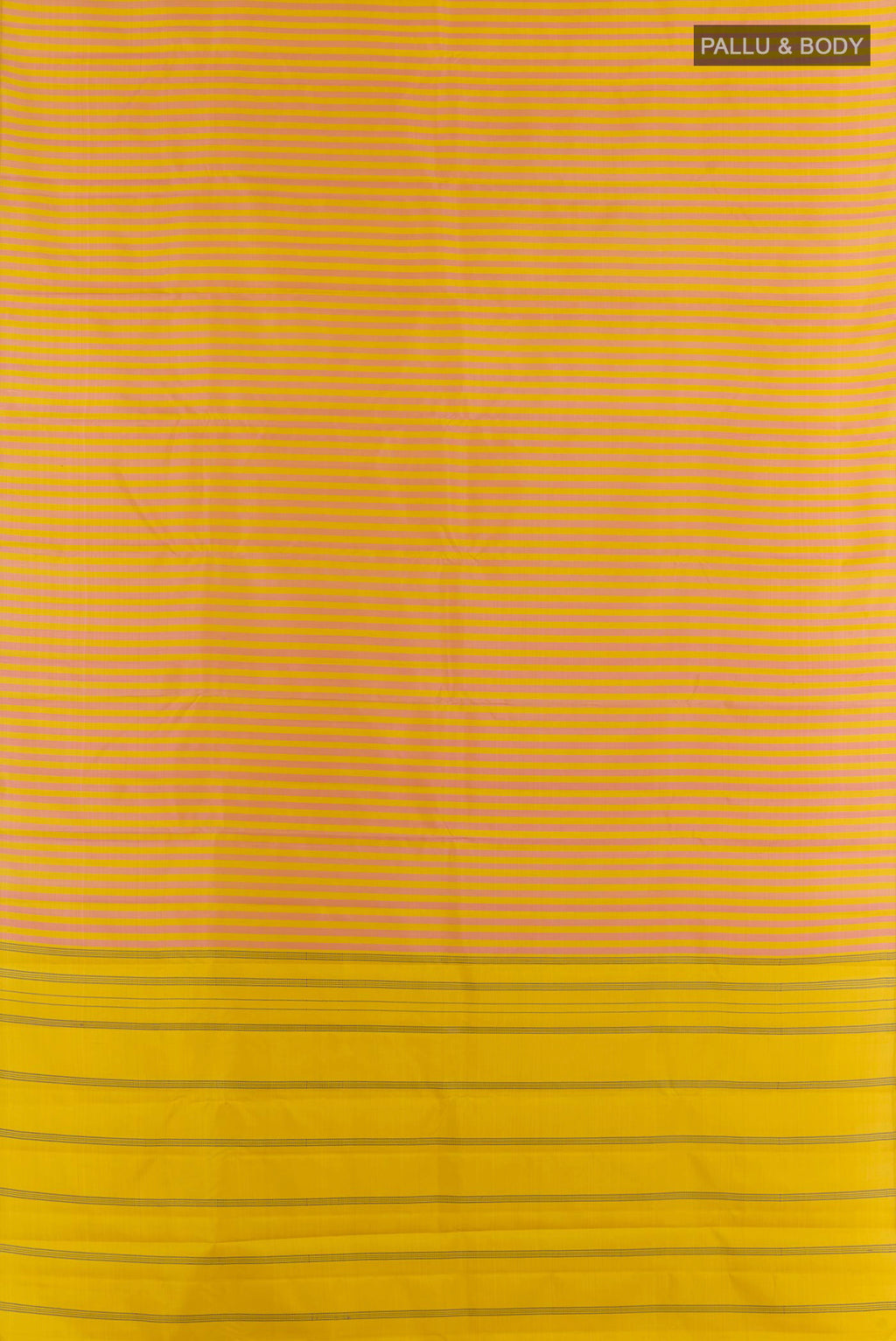 Flat view of Pure Silk Yellow Kanchipuram Saree with Stripes on the body and Without Border. 