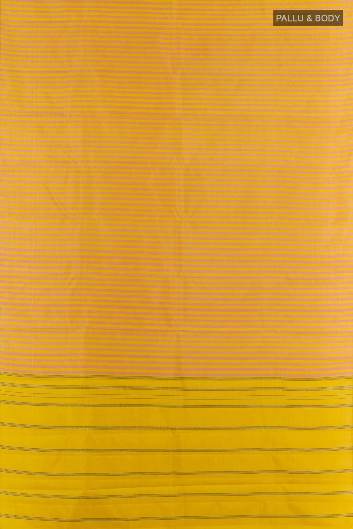 Flat view of Pure Silk Yellow Kanchipuram Saree with Stripes on the body and Without Border. 