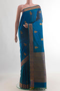 Pure Silk Blue Kanjivaram Saree with Thread Butta on the body and Thread Border.  displayed on a mannequin