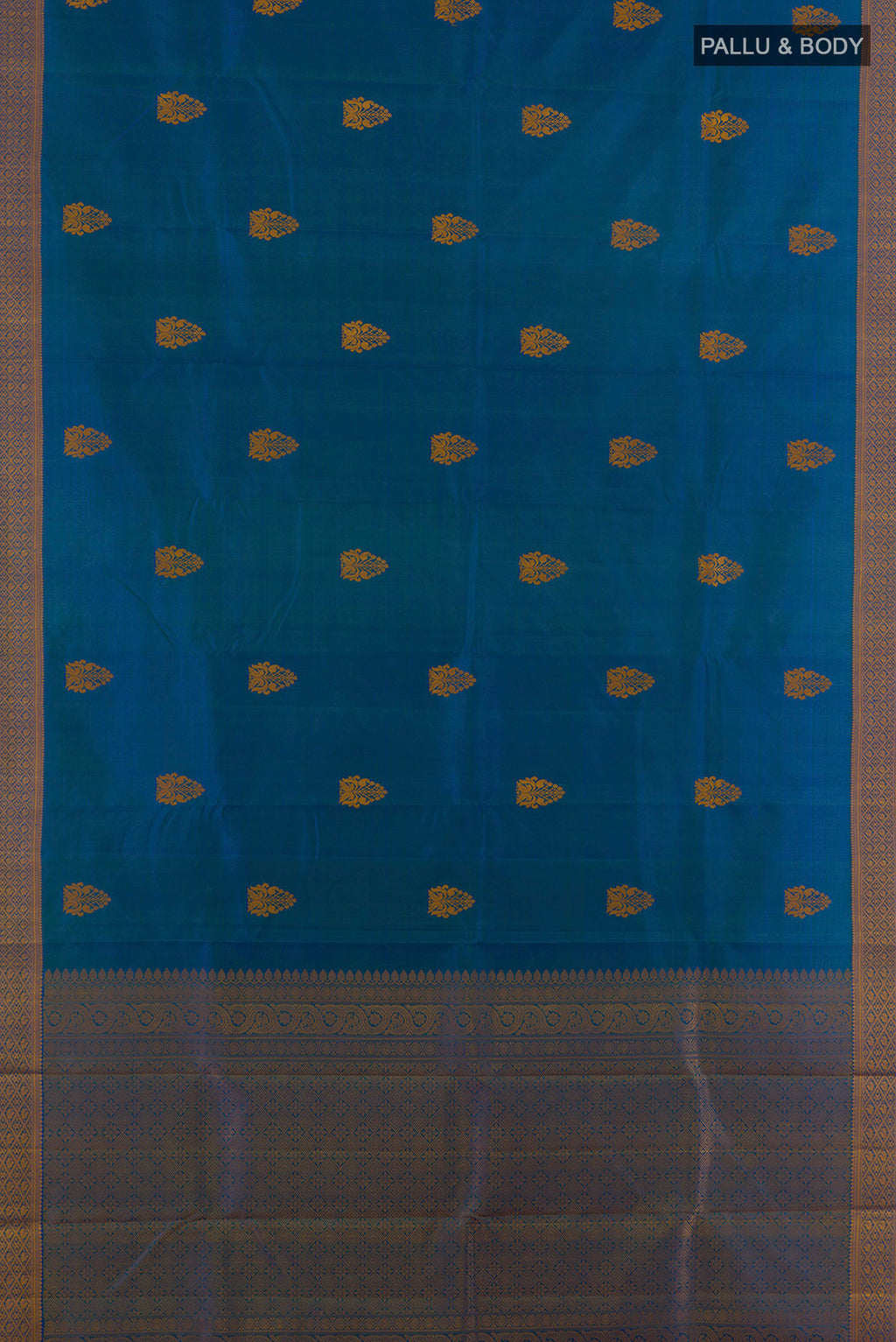 Flat view of Pure Silk Blue Kanjivaram Saree with Thread Butta on the body and Thread Border. 