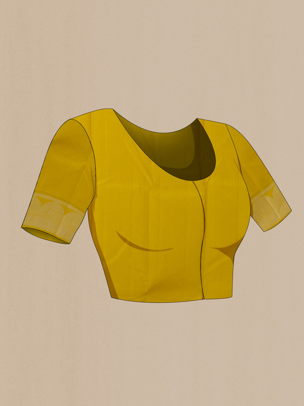 Close up image of the blouse of Pure Silk Yellow Kanjivaram Saree with Thread Butta on the body and Thread Border. 