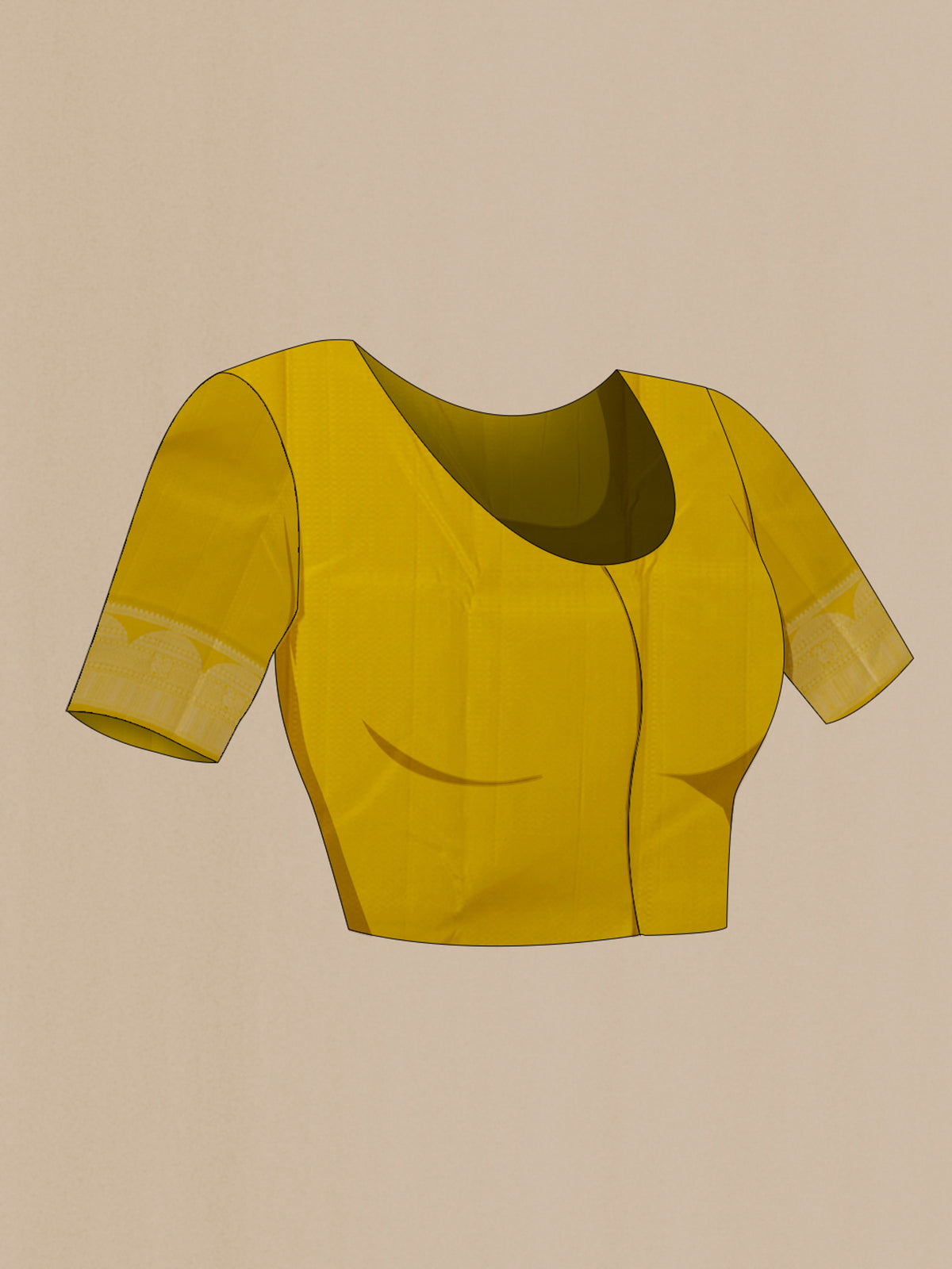 Close up image of the blouse of Pure Silk Yellow Kanjivaram Saree with Thread Butta on the body and Thread Border. 